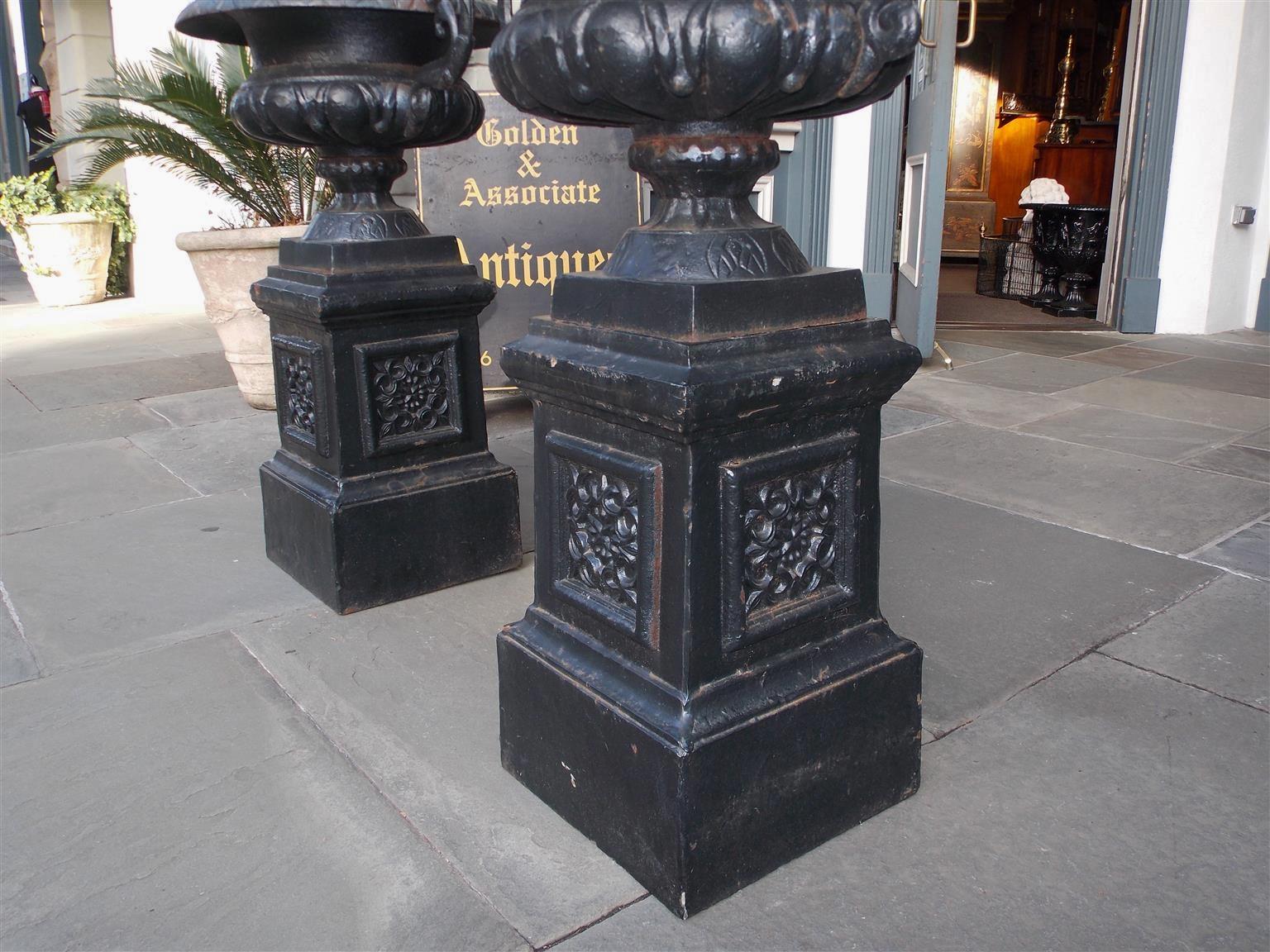 Pair of American Cast Iron Campana-Form Floral Garden Urns on Plinths Circa 1880 For Sale 8
