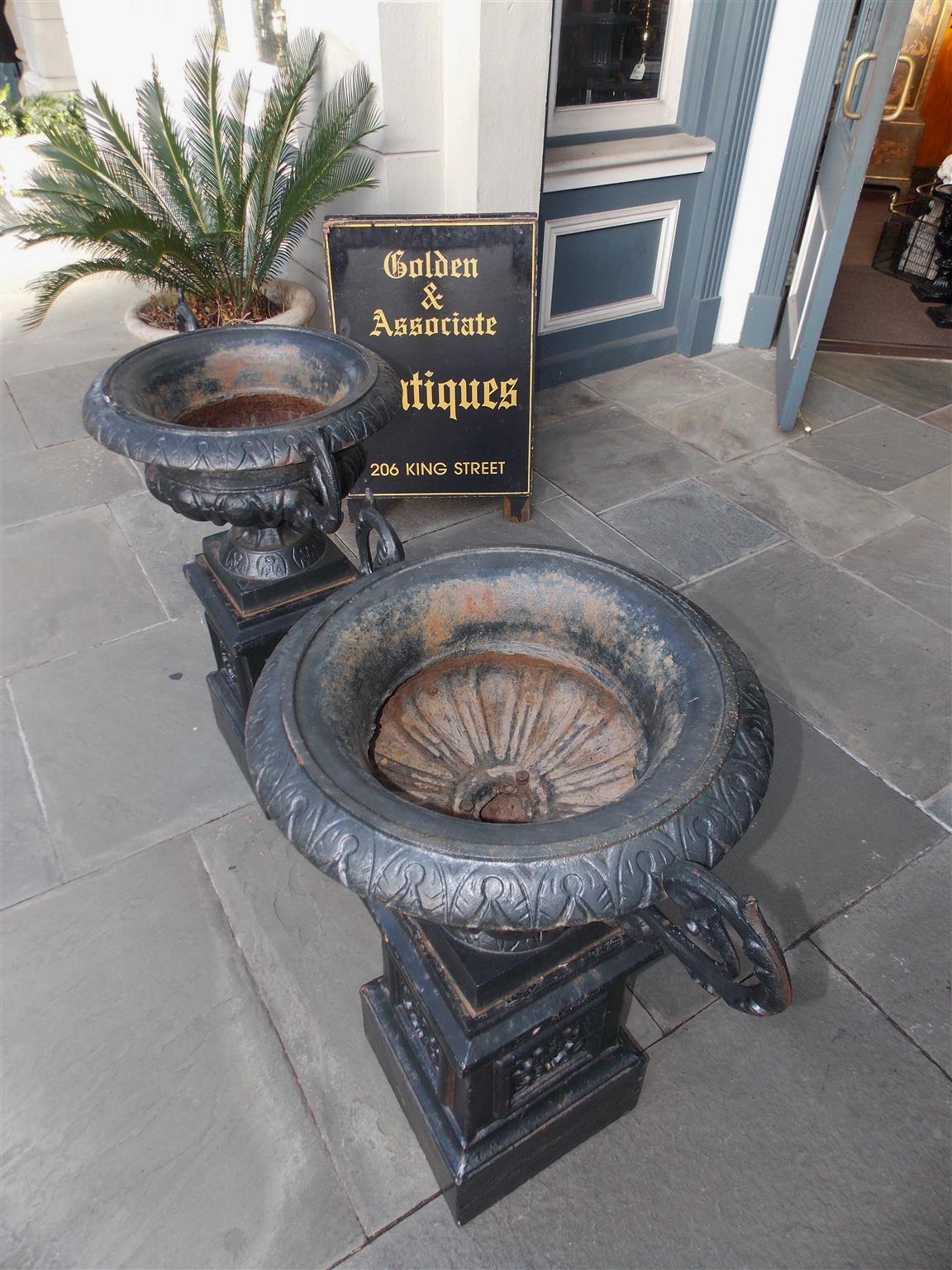 Pair of American Cast Iron Campana-Form Floral Garden Urns on Plinths Circa 1880 For Sale 2