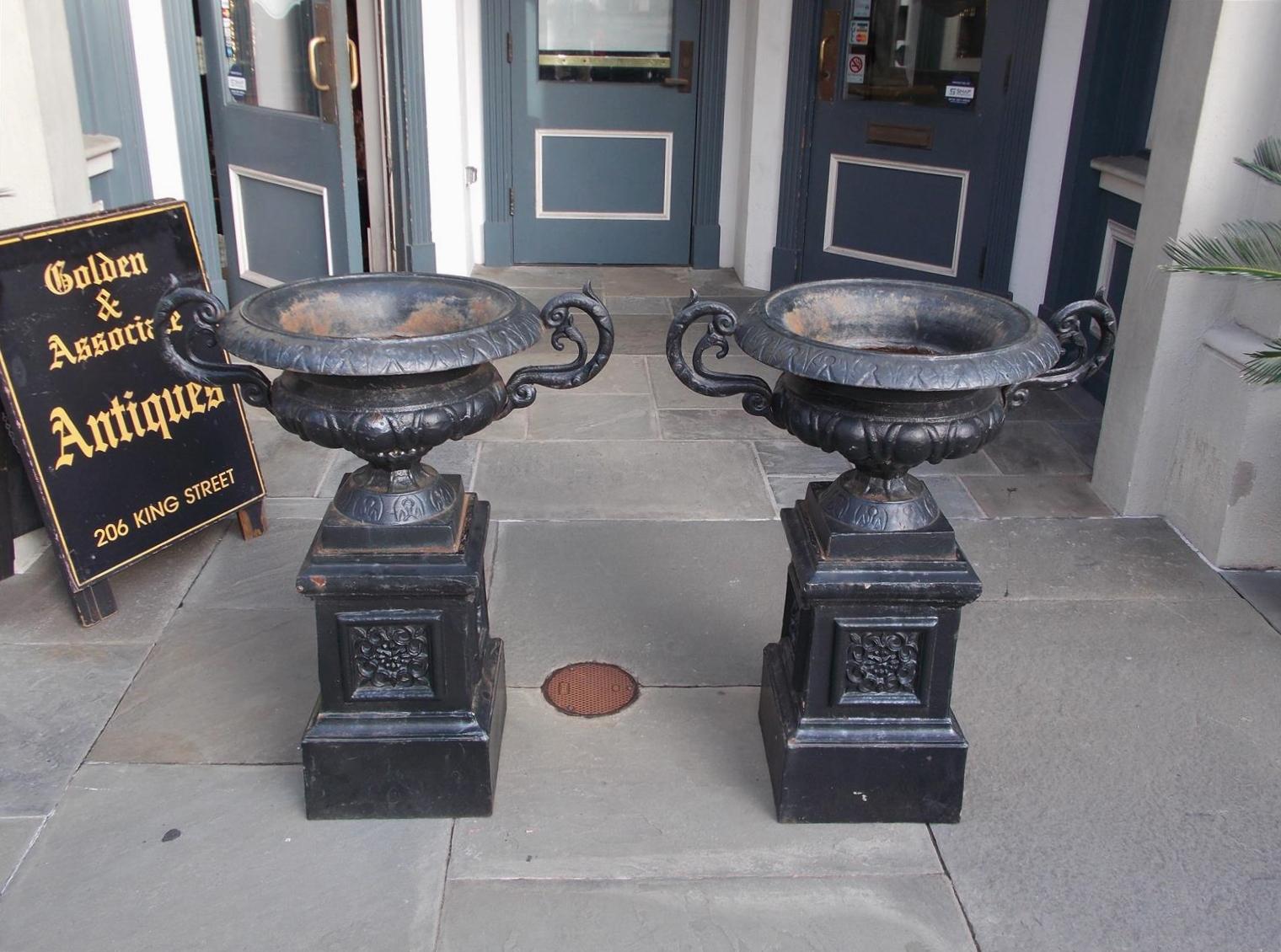 American Empire Pair of American Cast Iron Campana-Form Floral Garden Urns on Plinths Circa 1880 For Sale