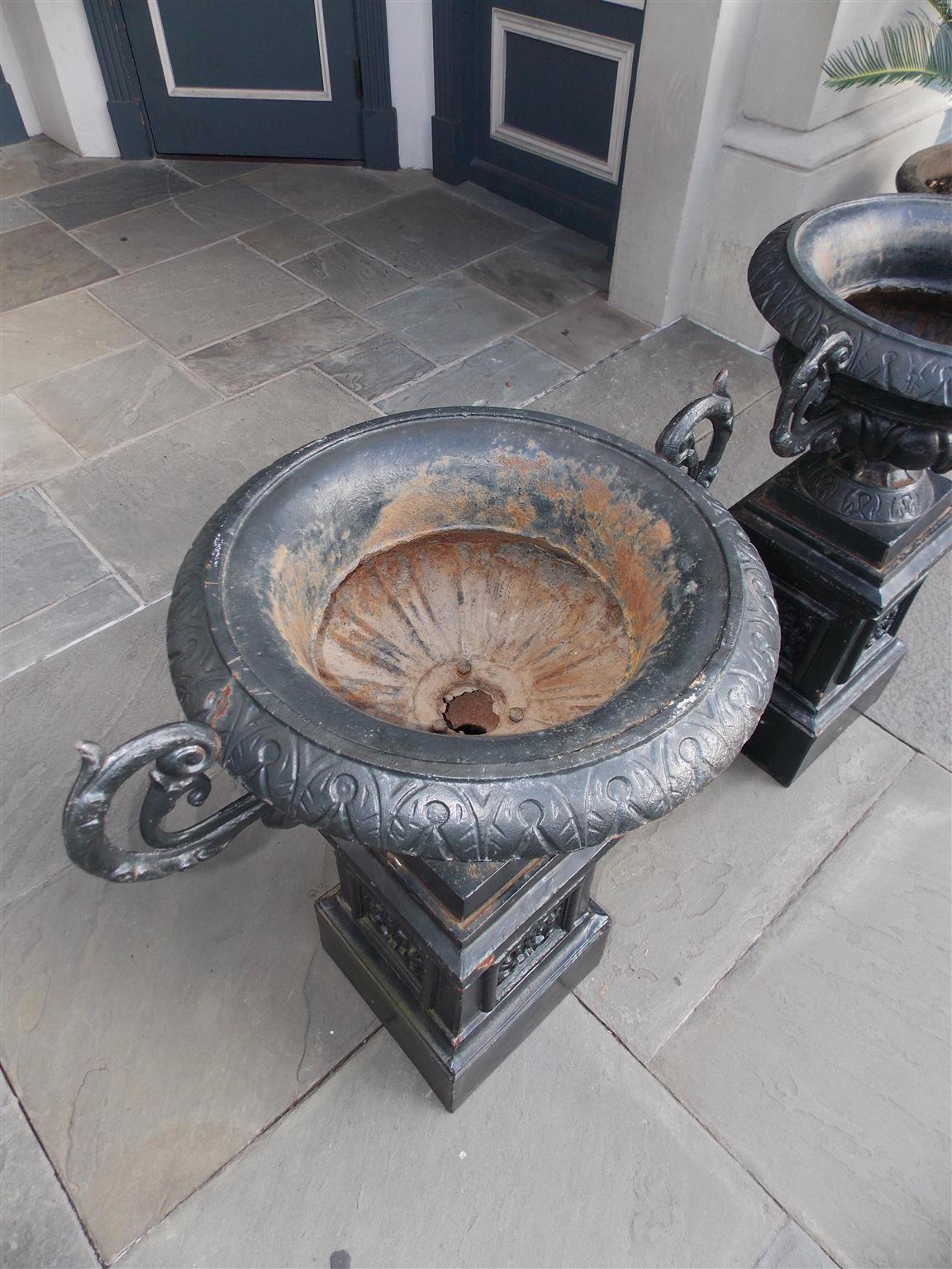 Pair of American Cast Iron Campana-Form Floral Garden Urns on Plinths Circa 1880 For Sale 3