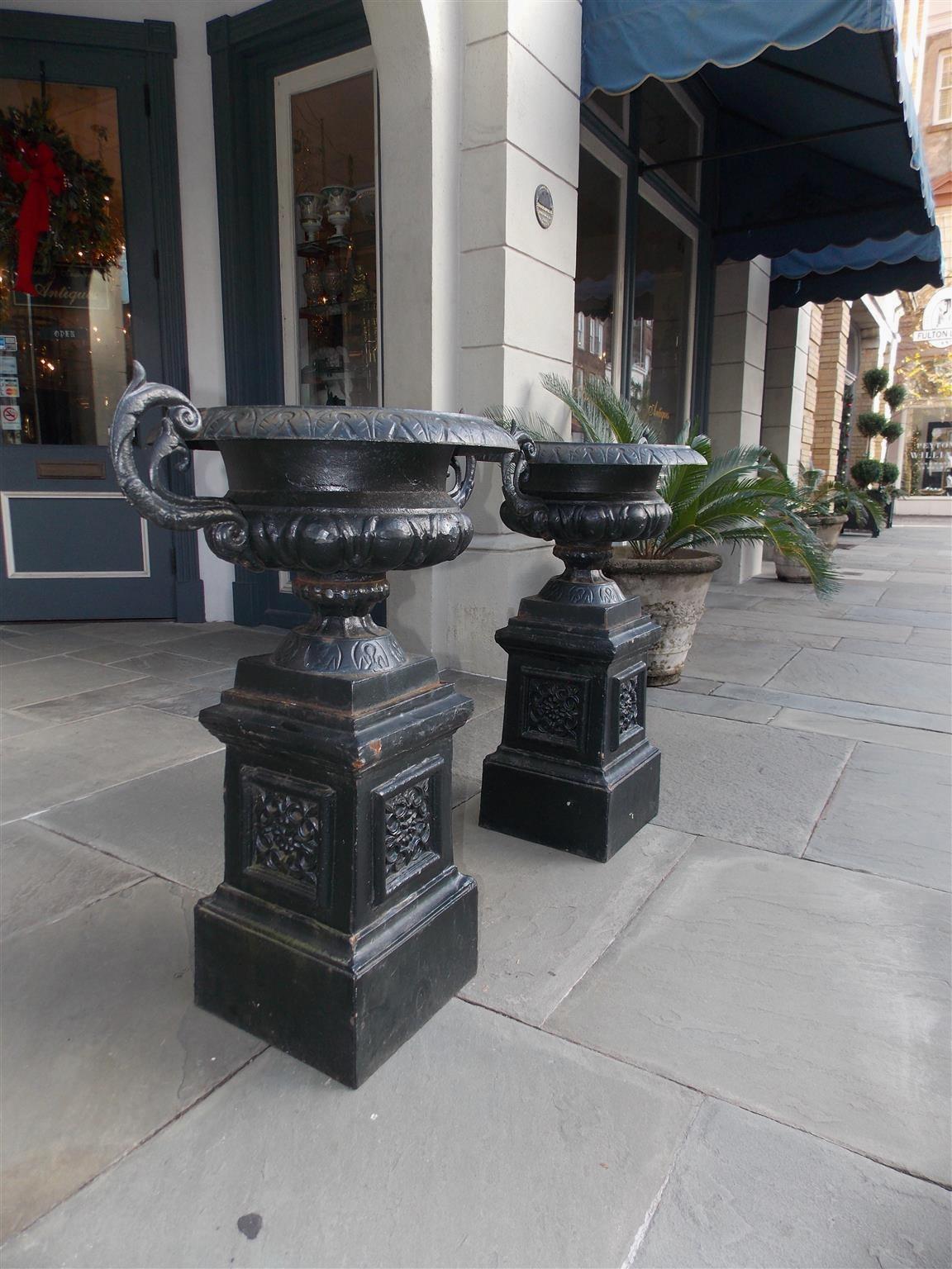 Pair of American Cast Iron Campana-Form Floral Garden Urns on Plinths Circa 1880 For Sale 4