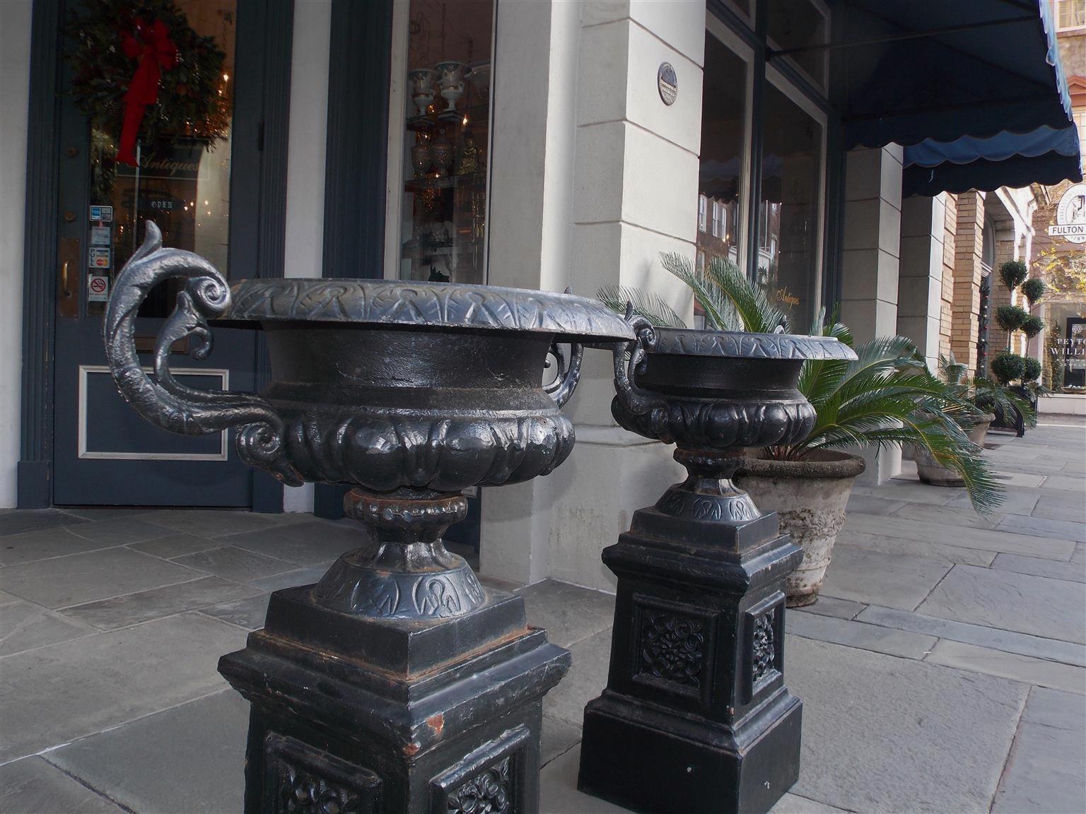Pair of American Cast Iron Campana-Form Floral Garden Urns on Plinths Circa 1880 For Sale 5