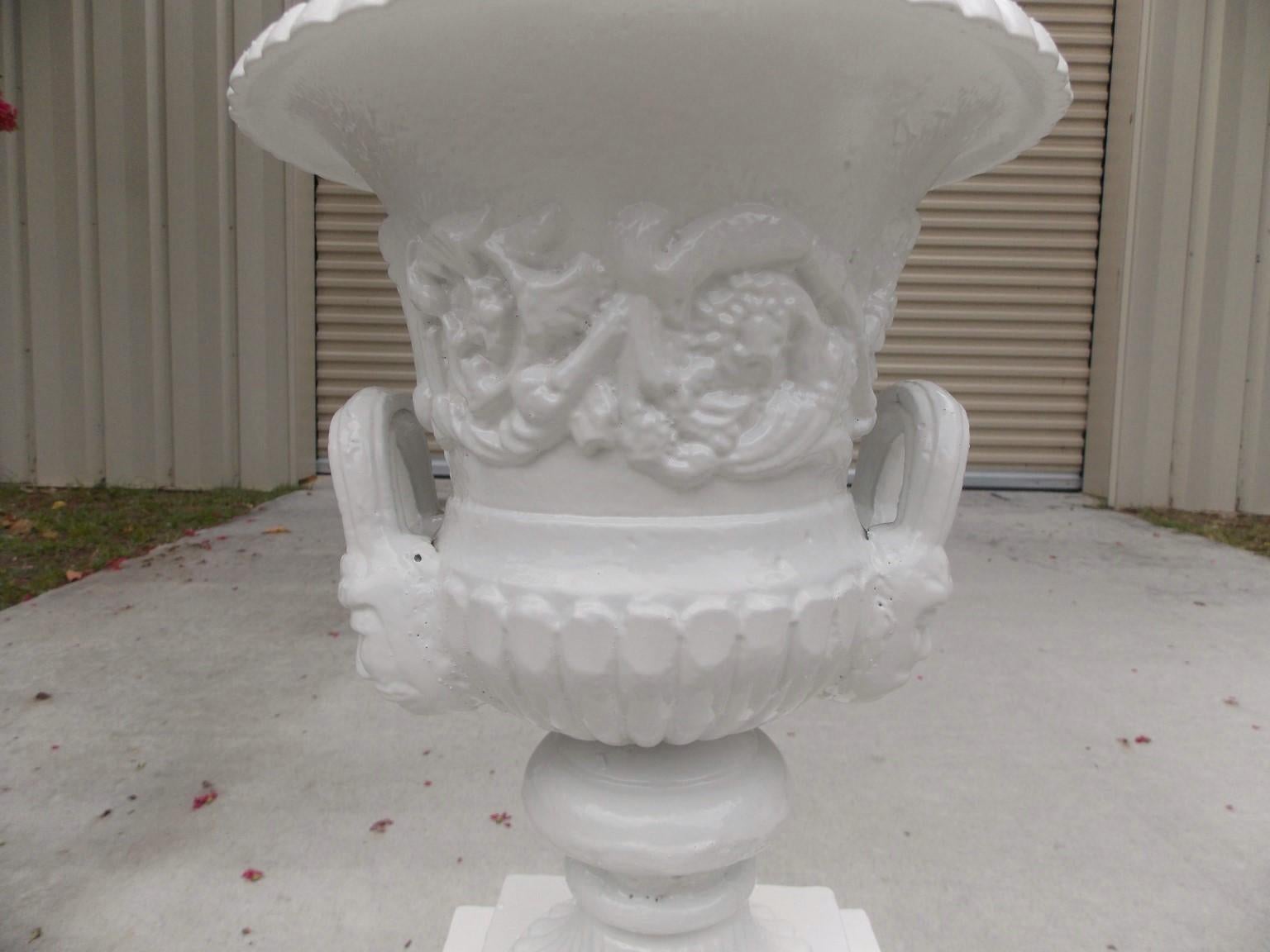 Pair of Cast Iron Floral Campana Garden Urns on Squared Plinths, Circa 1890 3