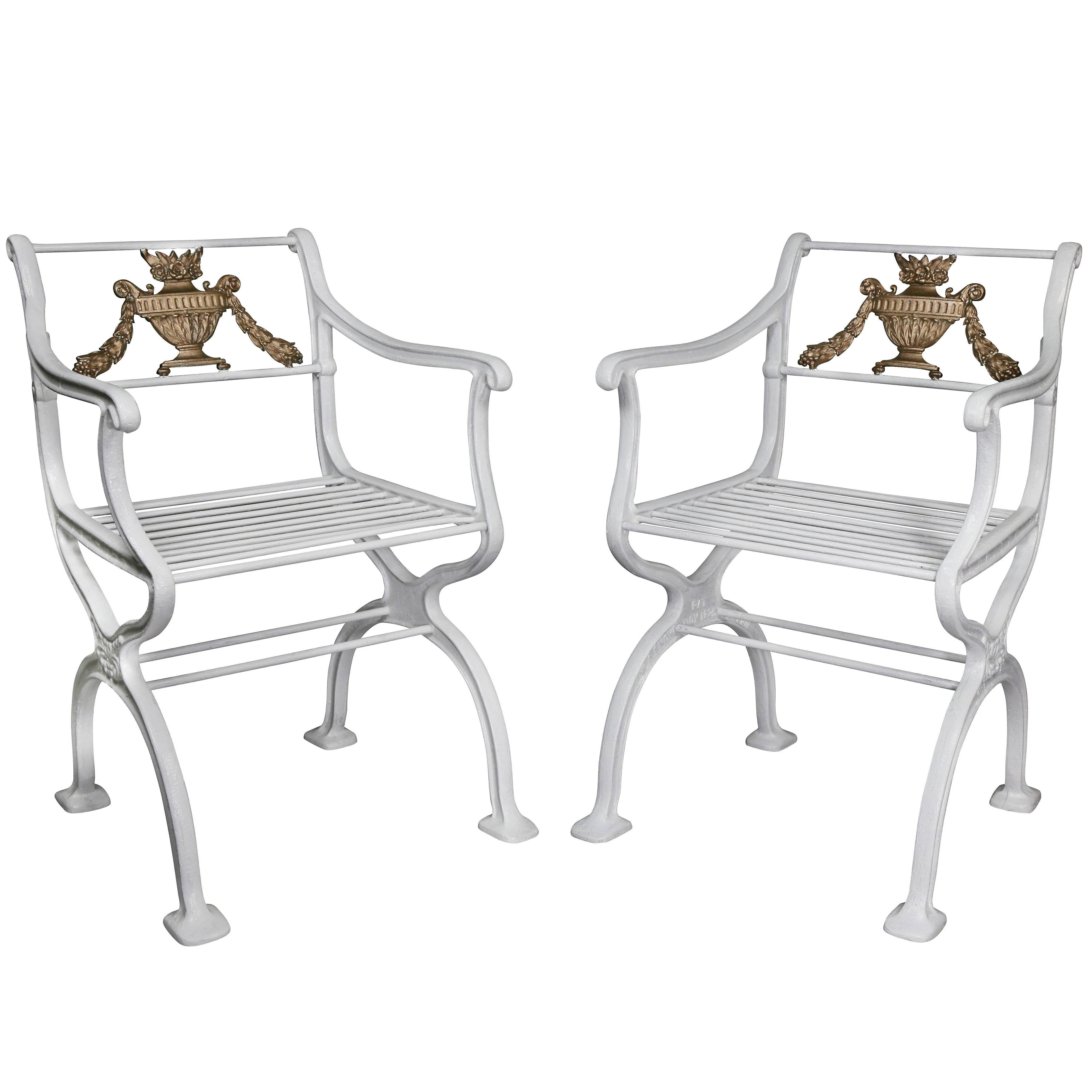 Pair of American Cast Iron Garden Chairs by W.A Snow, Boston