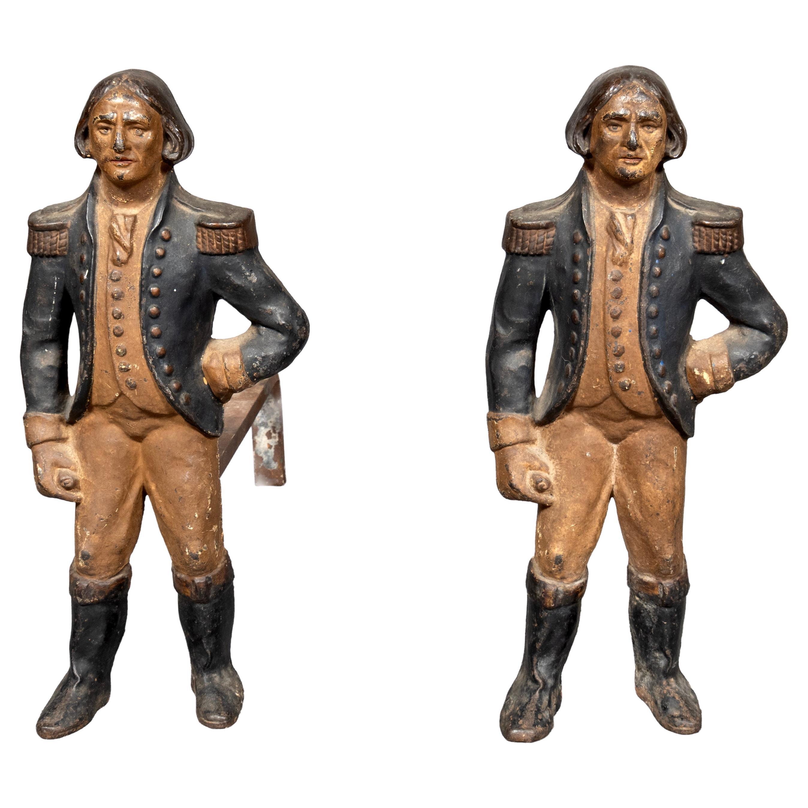 Paire de chenets en fonte "Georges Washington" en fonte américaine en vente