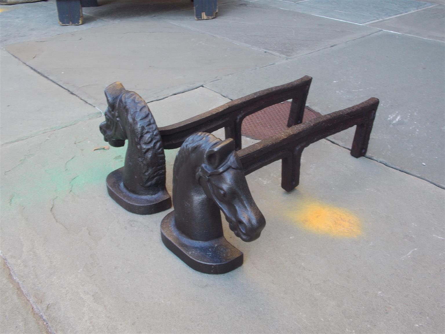 American Empire Pair of American Cast Iron Horse Head Andirons with Original Dog Legs, C. 1850 For Sale