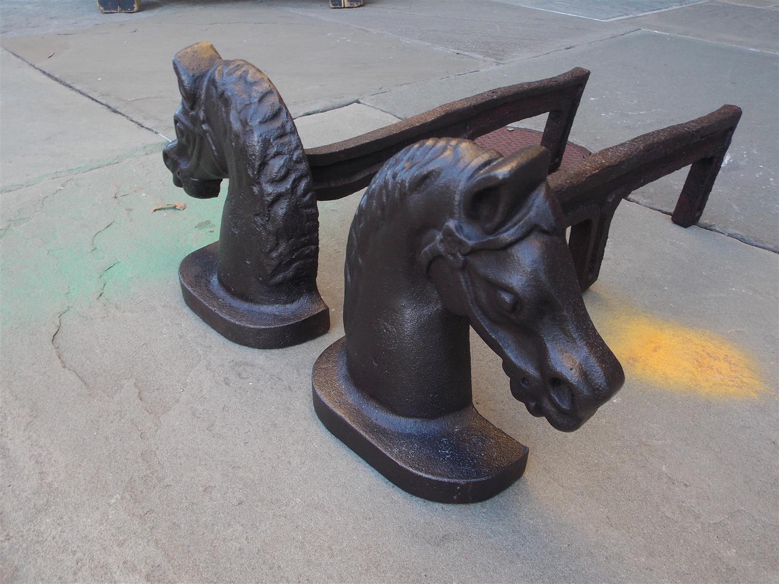 Mid-19th Century Pair of American Cast Iron Horse Head Andirons with Original Dog Legs, C. 1850 For Sale