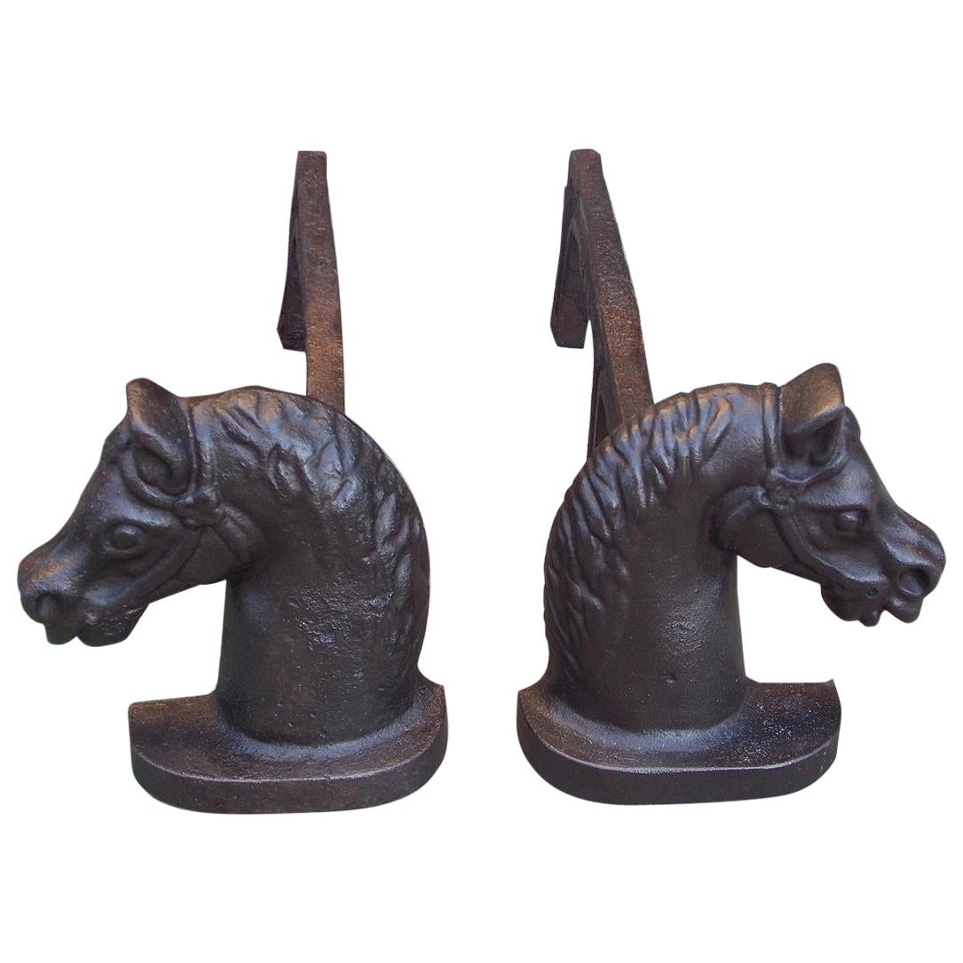 Pair of American Cast Iron Horse Head Andirons with Original Dog Legs, C. 1850 For Sale