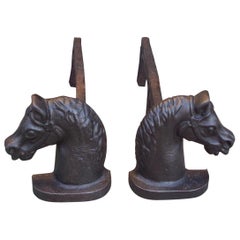 Pair of American Cast Iron Horse Head Andirons with Original Dog Legs, C. 1850