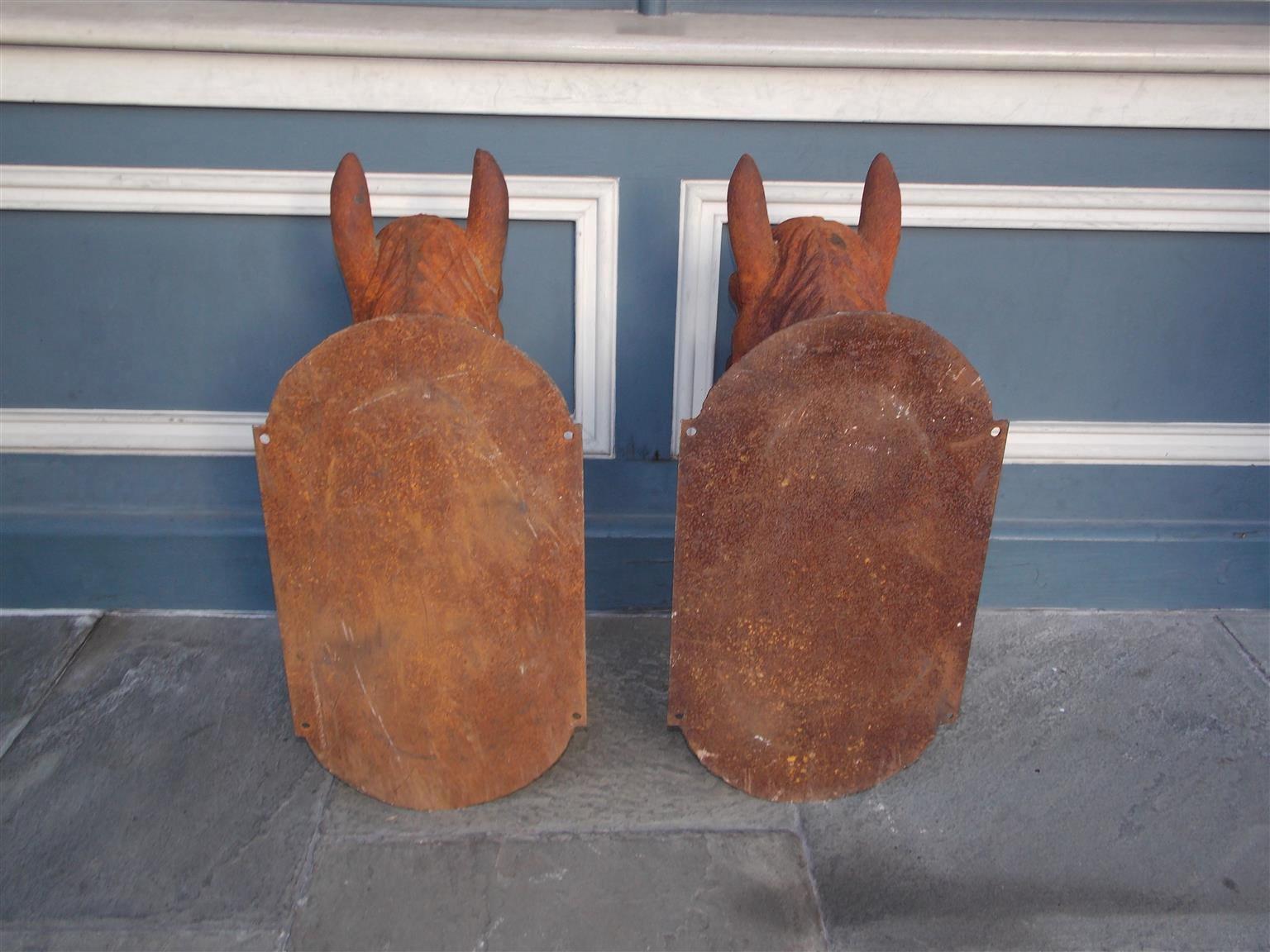 American Empire Pair of American Cast Iron Entrance Horse Head Stable and Gate Mounts, C. 1850