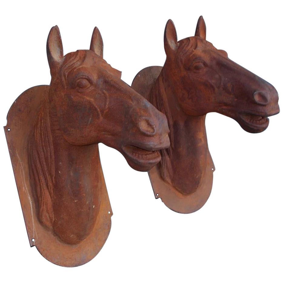 Pair of American Cast Iron Entrance Horse Head Stable and Gate Mounts, C. 1850