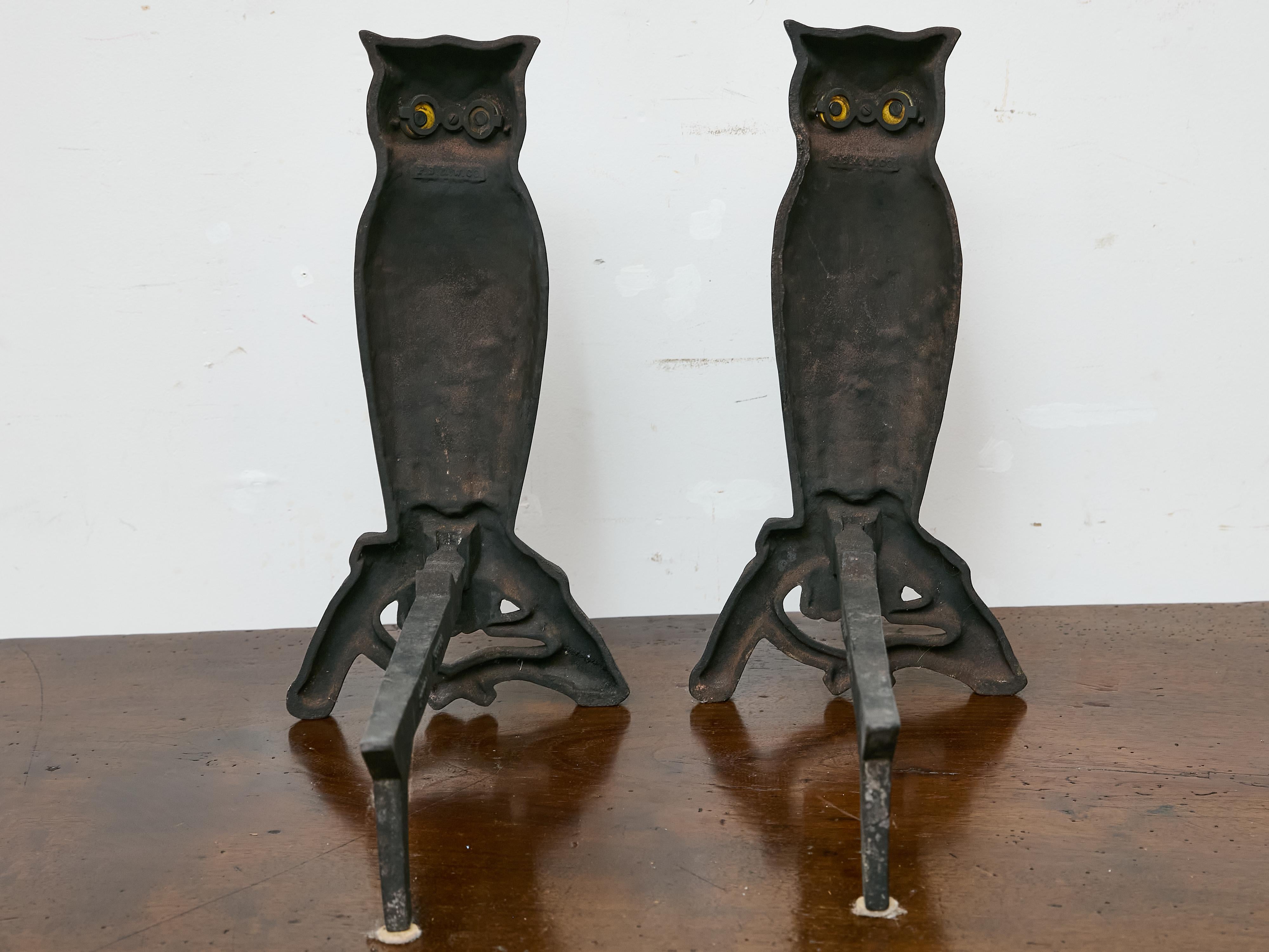 Pair of American Cast Iron Owl Andirons with Glass Eyes, circa 1900 For Sale 6