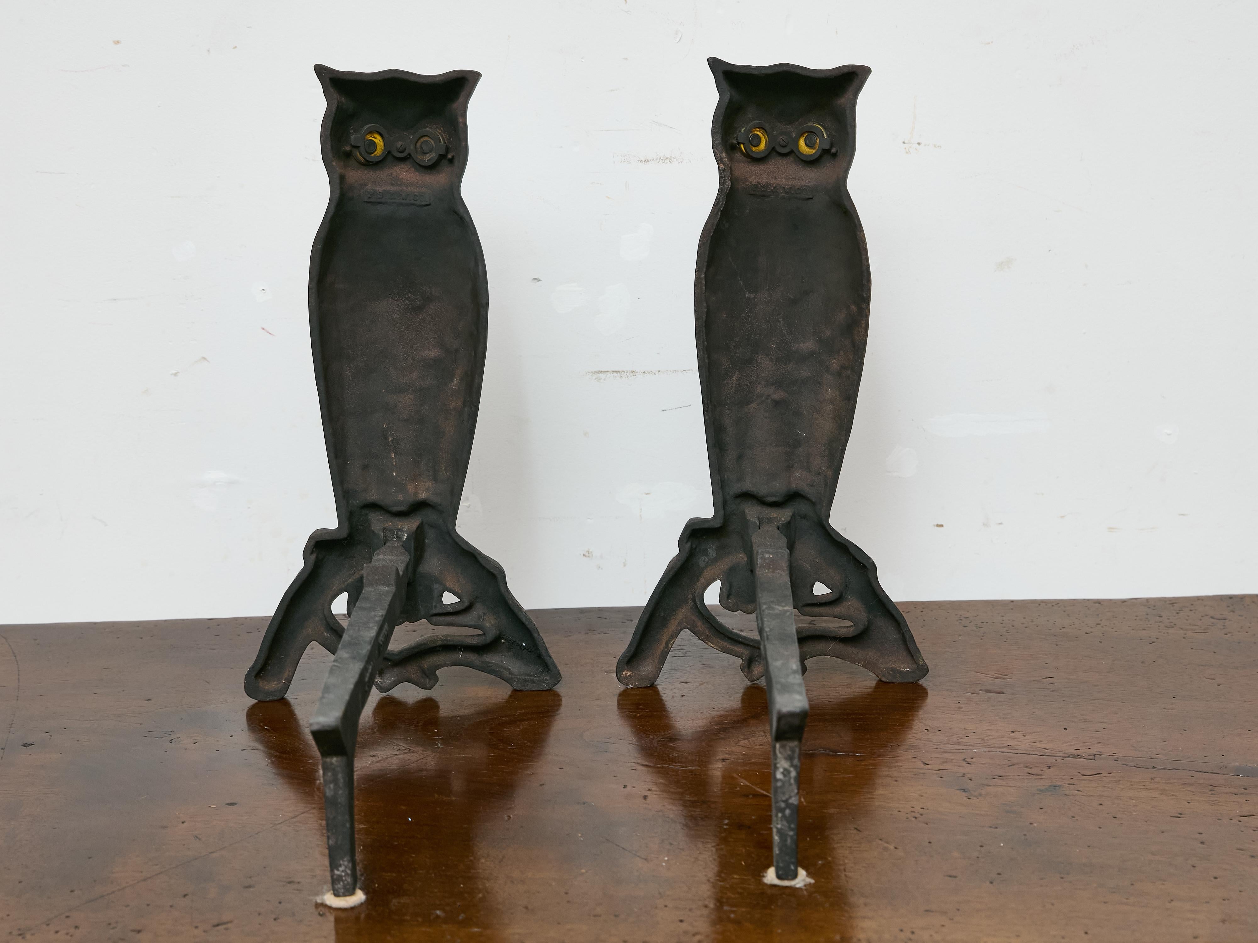 Pair of American Cast Iron Owl Andirons with Glass Eyes, circa 1900 For Sale 7