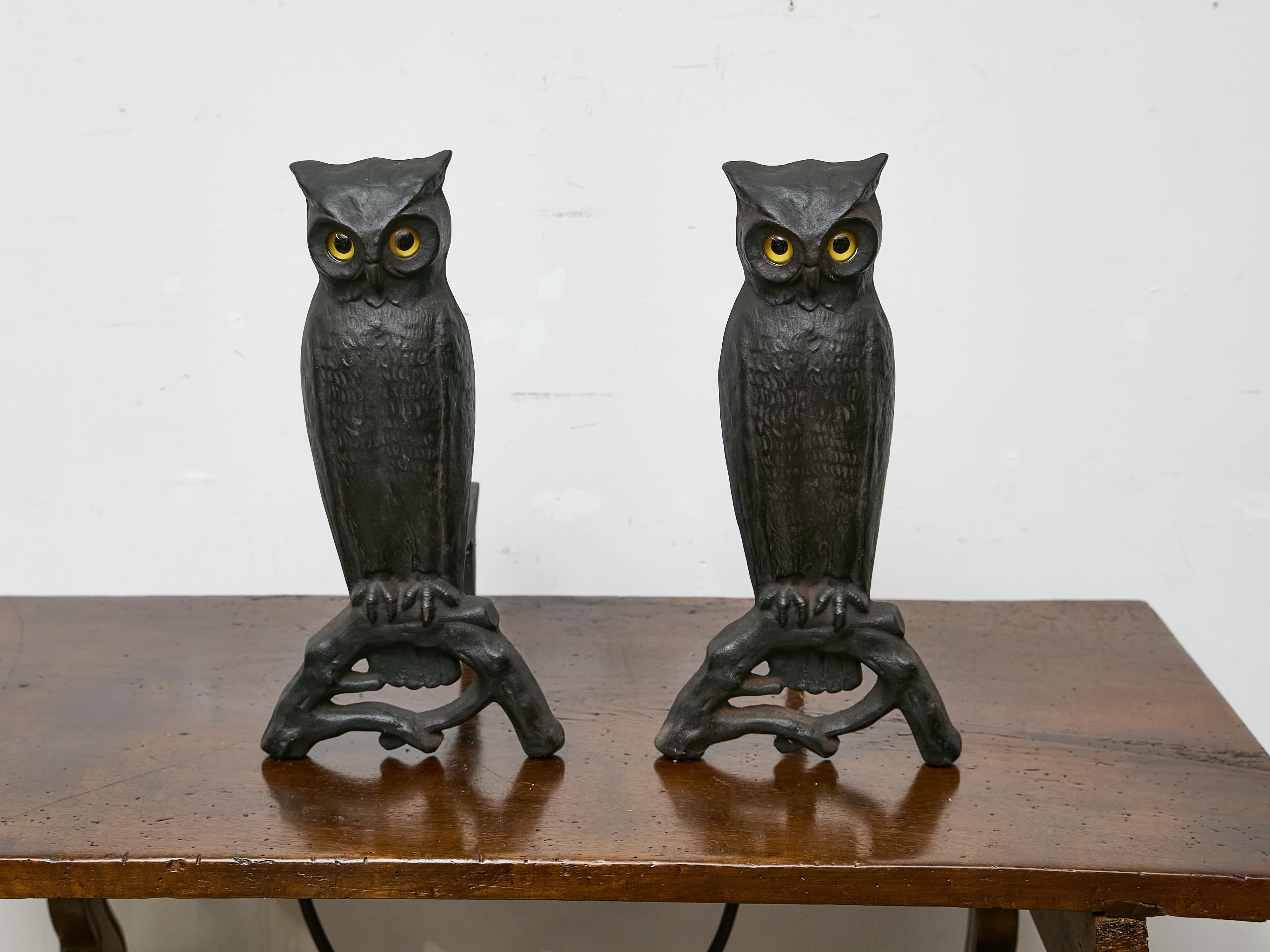 This rare and visually striking pair of cast iron owl andirons dates to circa 1900 and originates from the United States. Cast in an unusually tall and slender form, each andiron depicts a stylized owl perched on a branch, with crisply defined