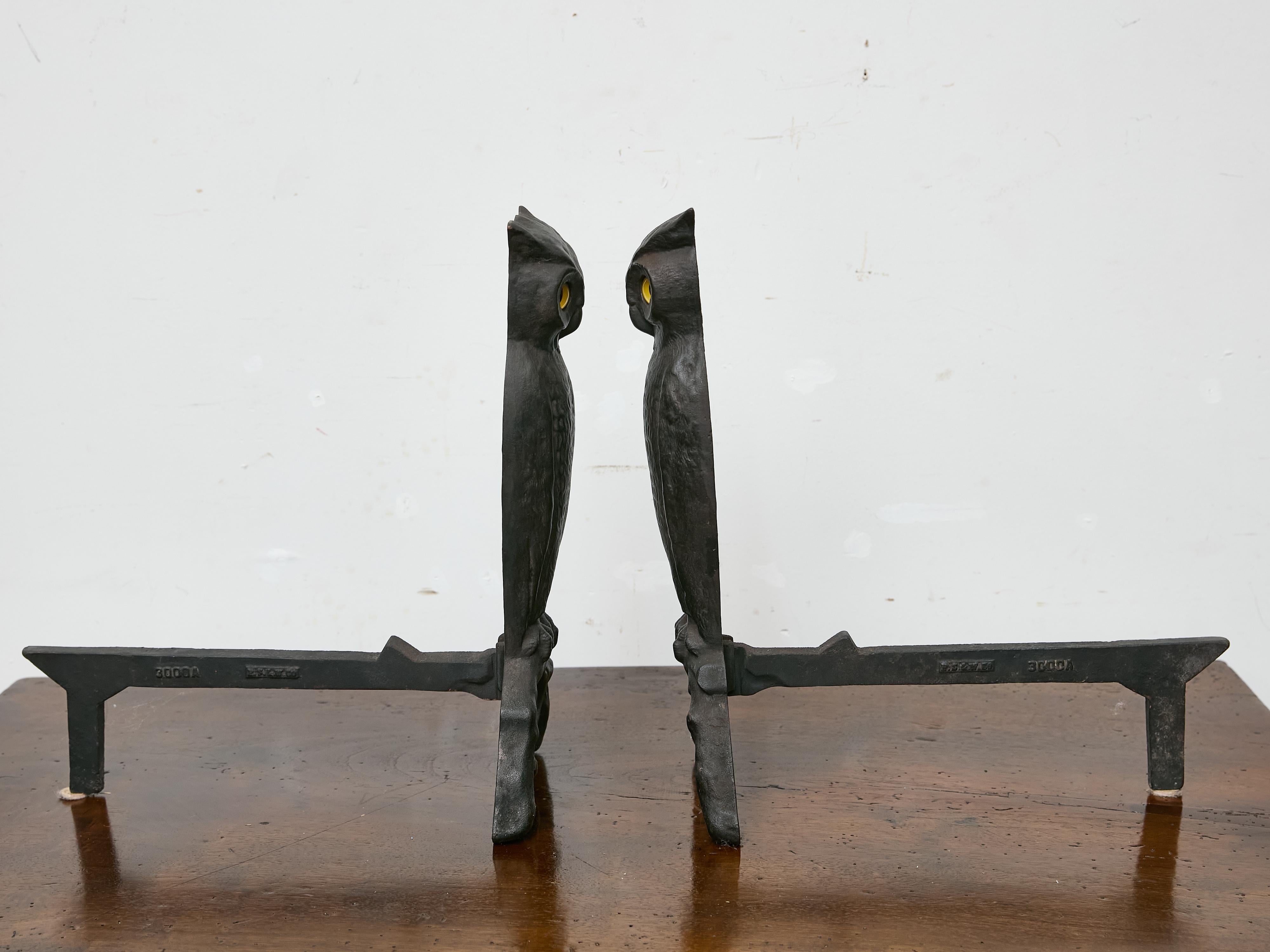 Pair of American Cast Iron Owl Andirons with Glass Eyes, circa 1900 In Good Condition For Sale In Atlanta, GA