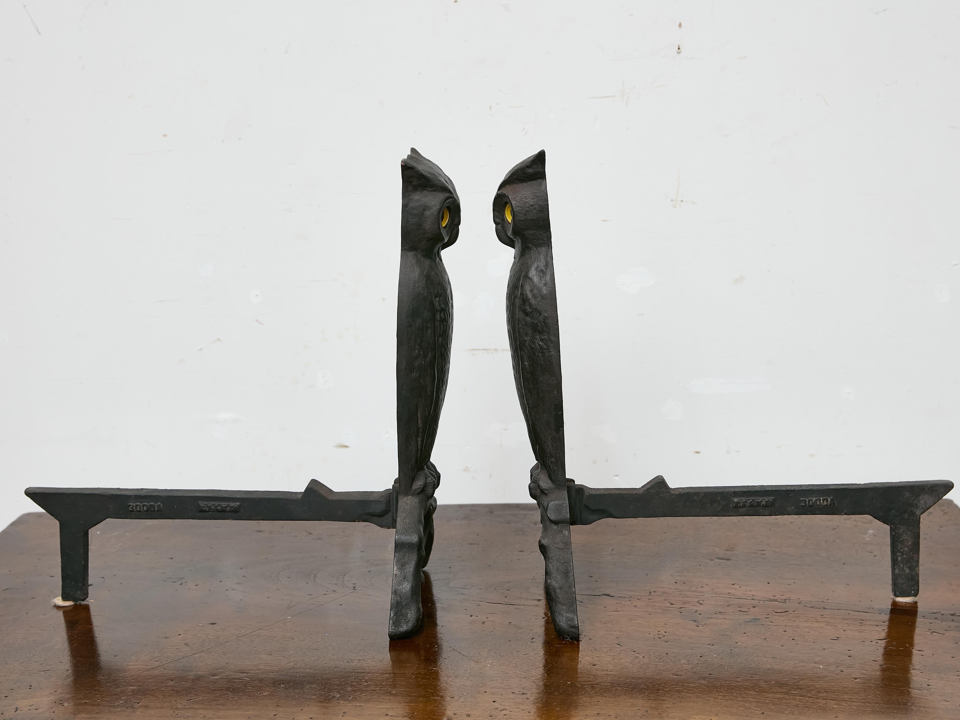20th Century Pair of American Cast Iron Owl Andirons with Glass Eyes, circa 1900 For Sale