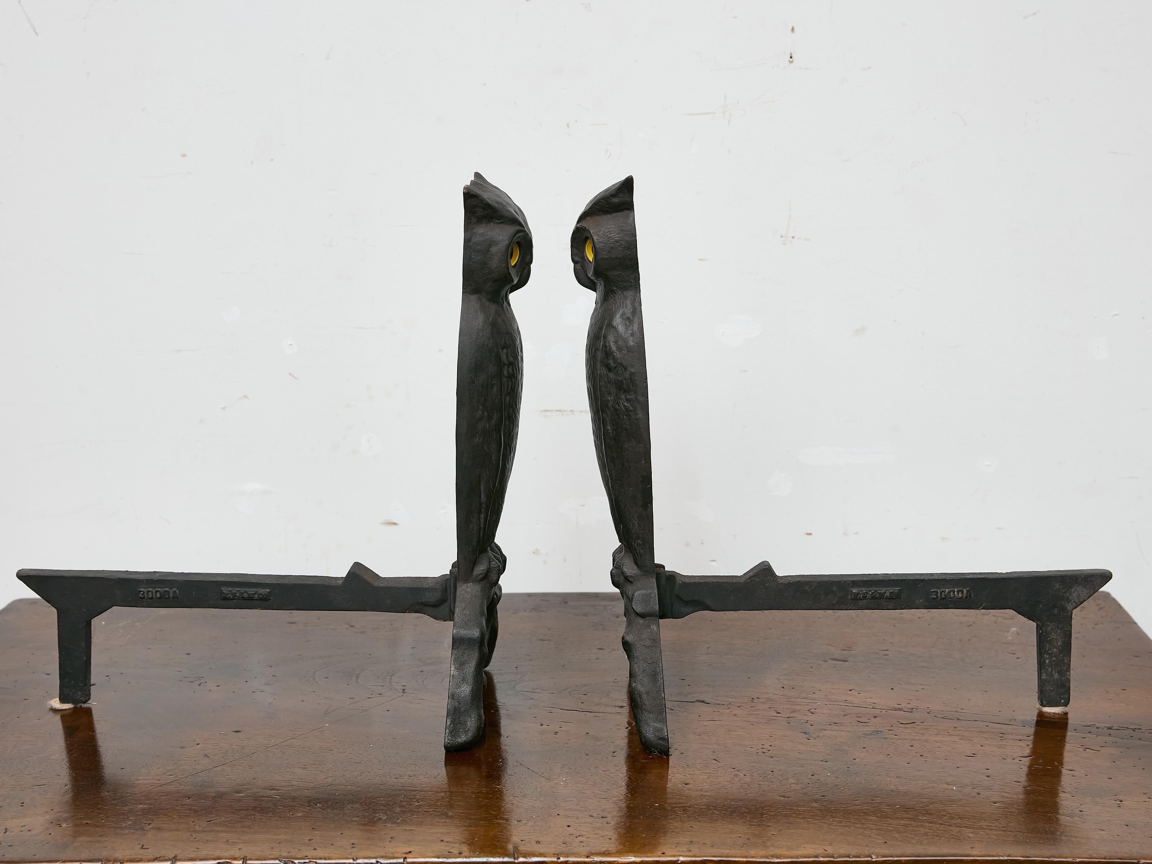 Pair of American Cast Iron Owl Andirons with Glass Eyes, circa 1900 For Sale 1