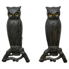 Antique Pair of American Cast Iron Owl Andirons with Glass Eyes, circa 1900