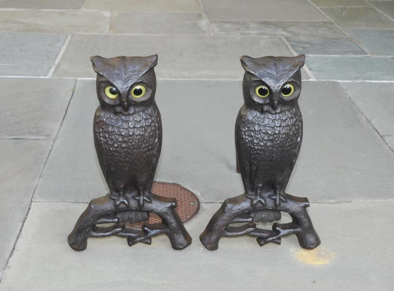 Pair of American cast iron owl andirons with the original glass colored eyes perched on scrolled branches. Boston, MA late 19th century.