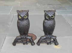 Pair of American Cast Iron Owl Andirons with Orig. Glass Eyes, Boston, C. 1890