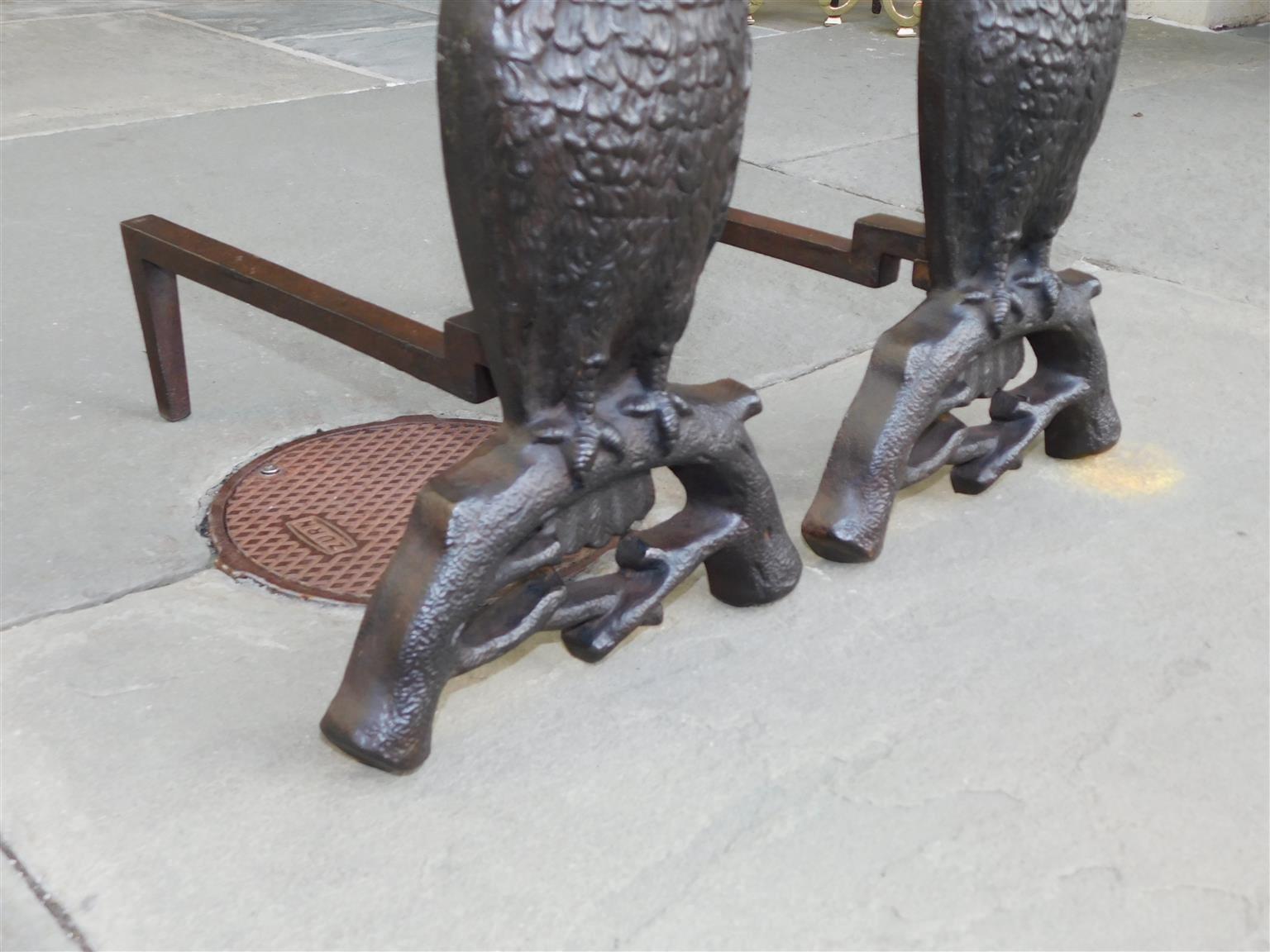 American Empire Pair of American Cast Iron Owl Andirons with Orig. Glass Eyes, Boston, C. 1890 For Sale