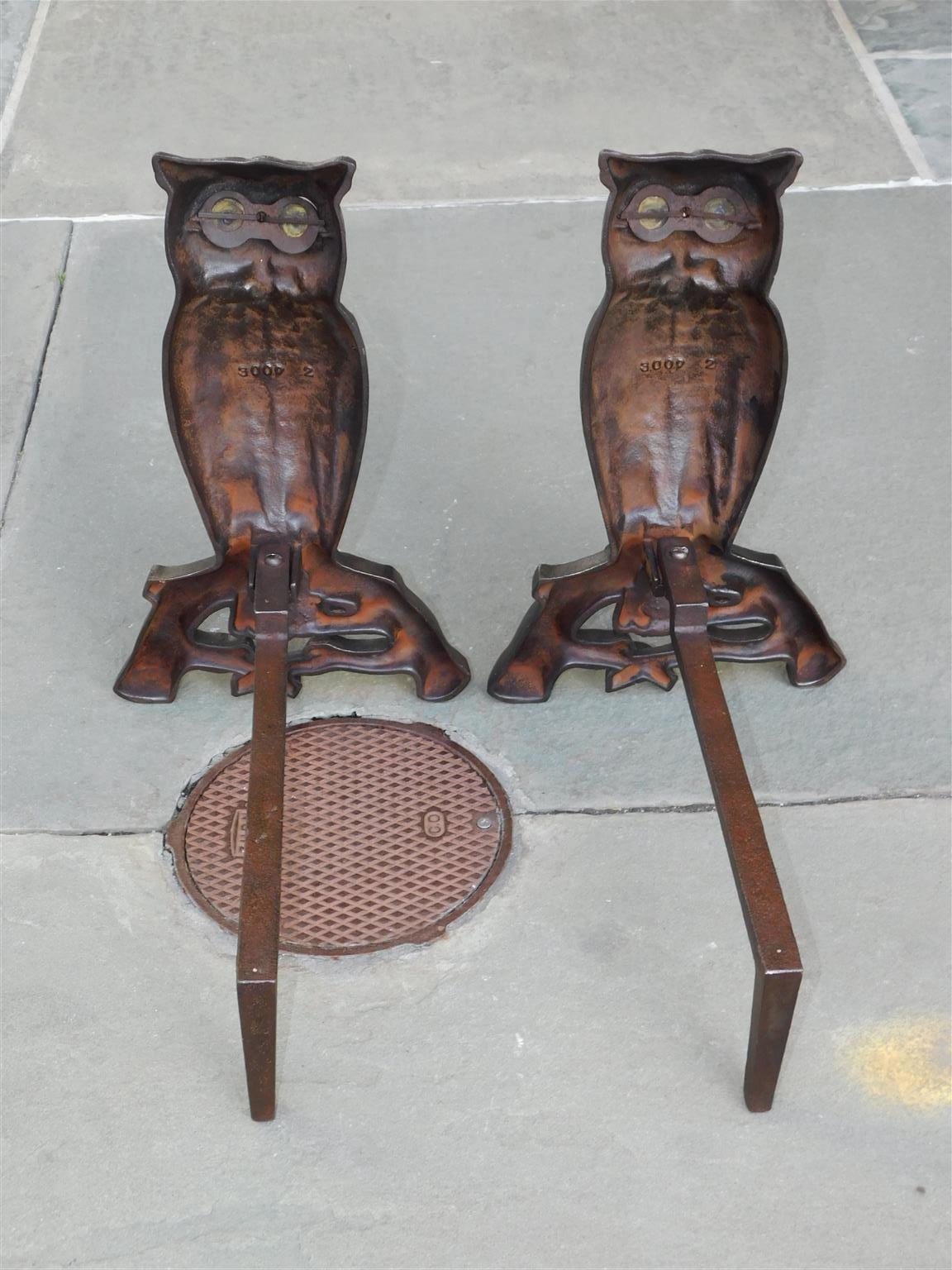 Pair of American Cast Iron Owl Andirons with Orig. Glass Eyes, Boston, C. 1890 In Excellent Condition For Sale In Hollywood, SC