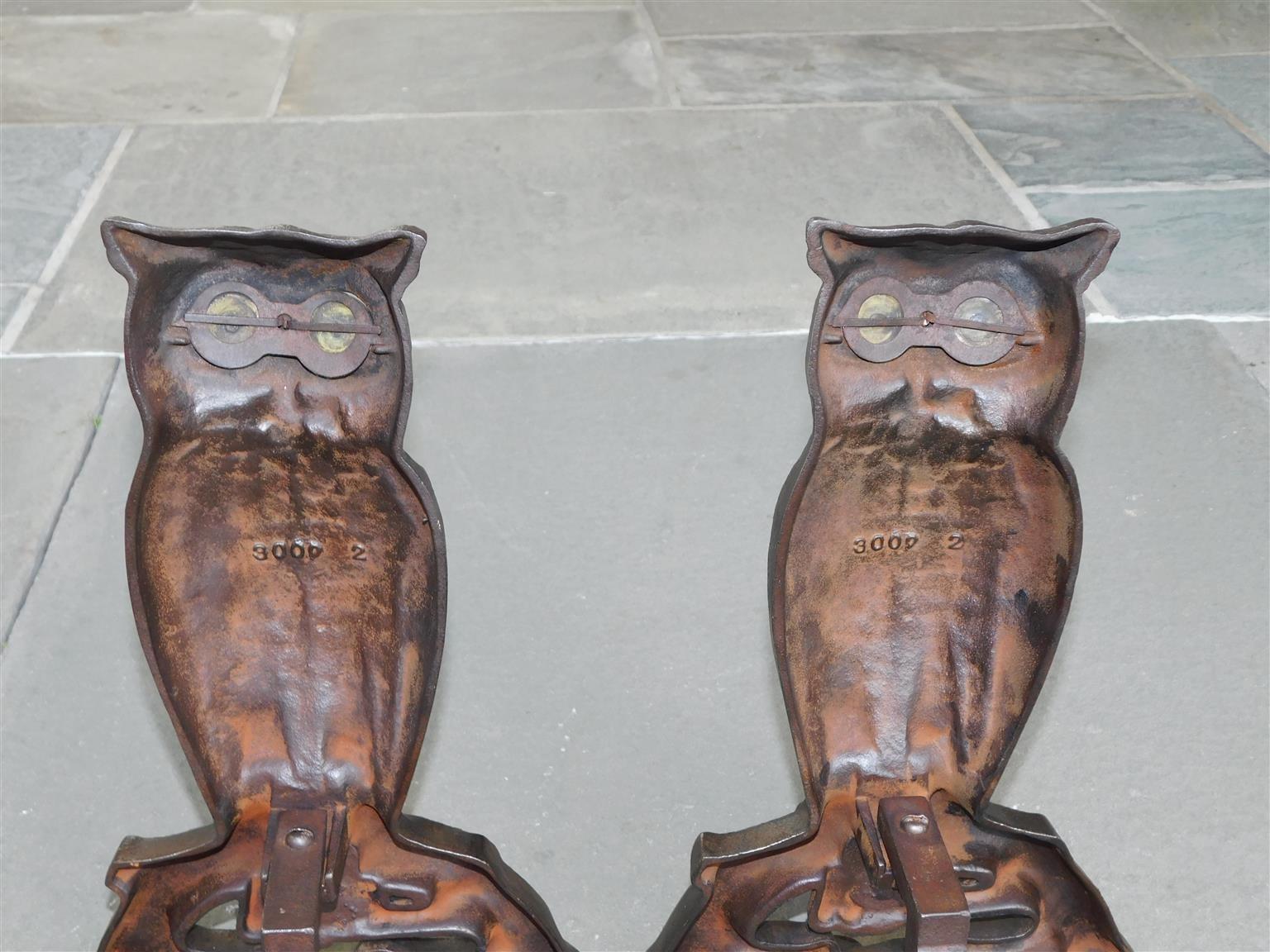 Late 19th Century Pair of American Cast Iron Owl Andirons with Orig. Glass Eyes, Boston, C. 1890 For Sale