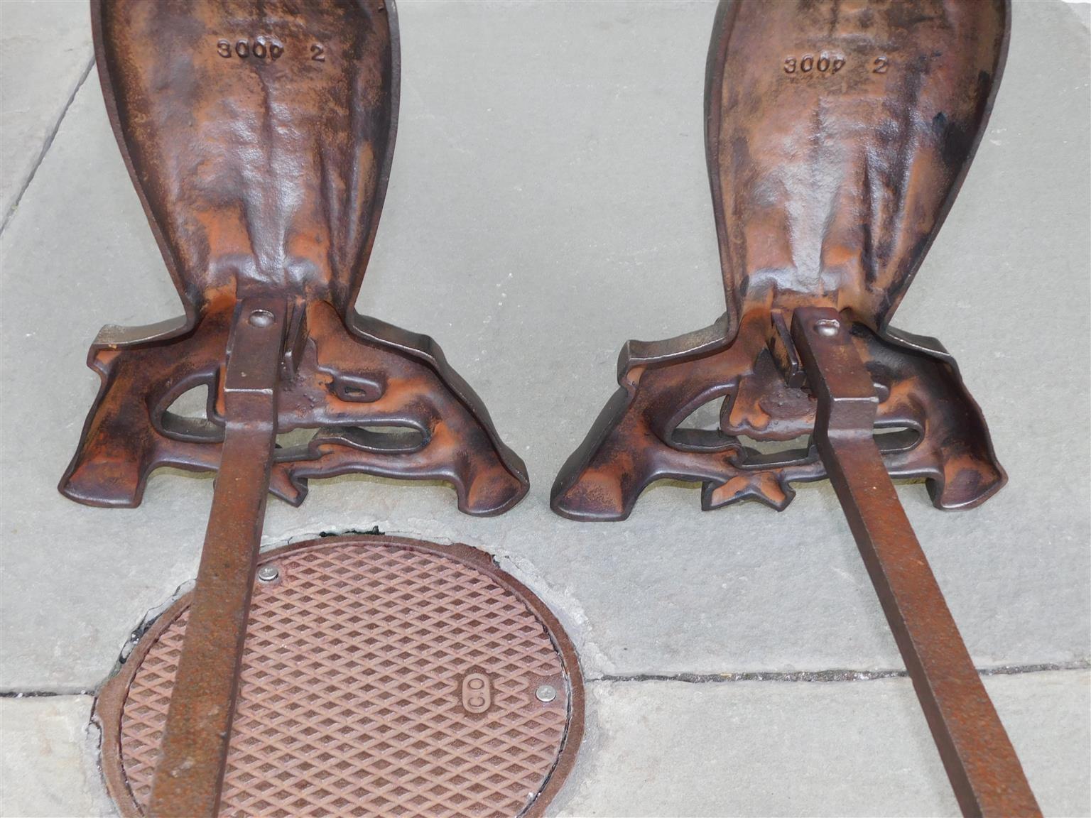 Pair of American Cast Iron Owl Andirons with Orig. Glass Eyes, Boston, C. 1890 For Sale 1