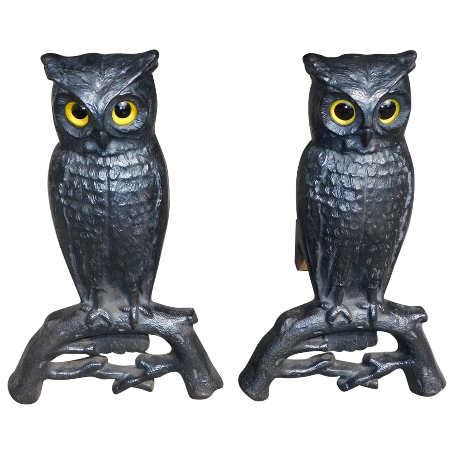 Pair of American Cast Iron Perched Owl Andirons with Orig. Eyes, Boston, C. 1890 For Sale