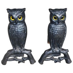 Antique Pair of American Cast Iron Perched Owl Andirons with Orig. Eyes, Boston, C. 1890