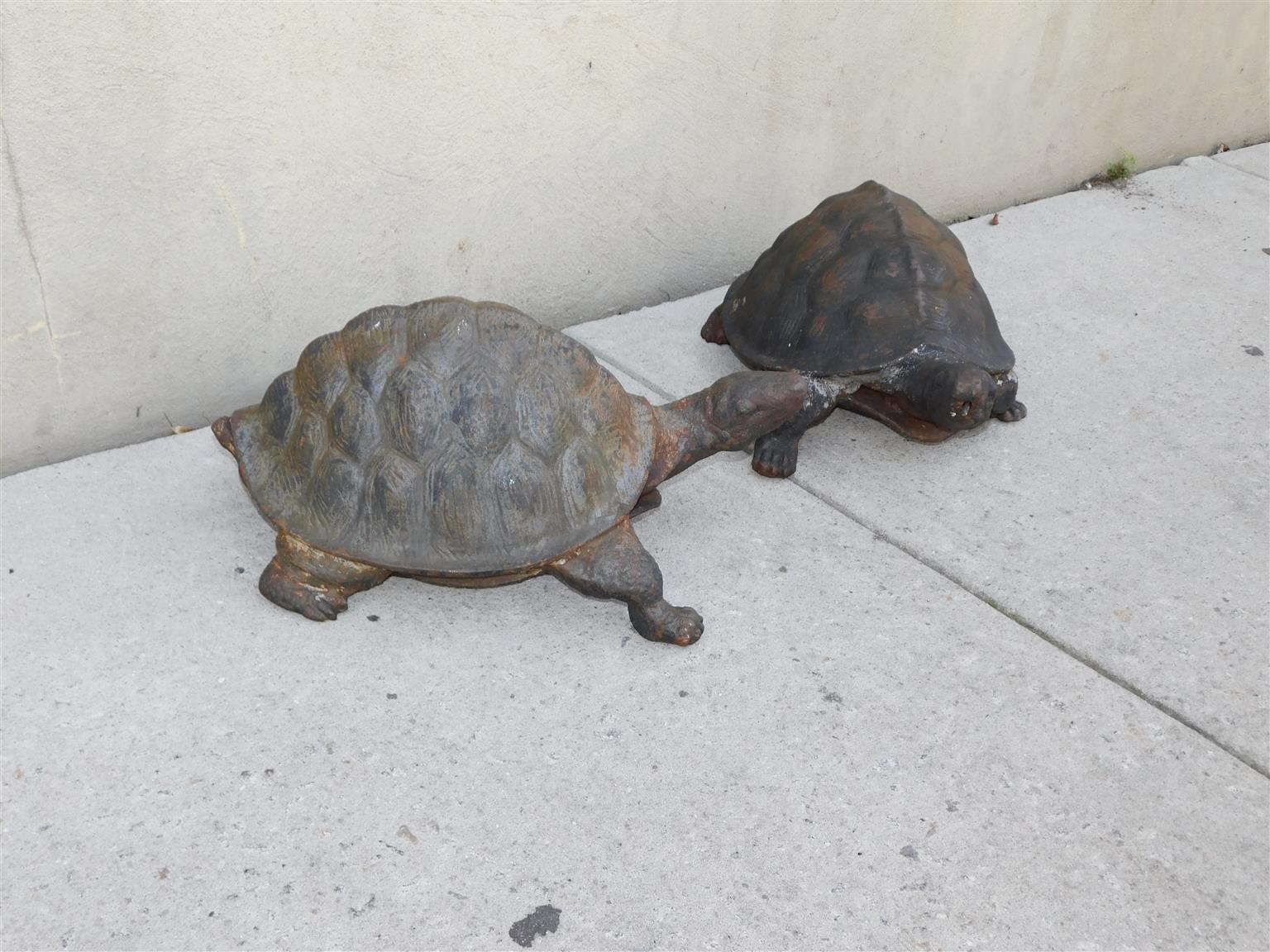 Pair of American cast iron Turtle fountains with internal plumbed copper tubing, Late 19th Century