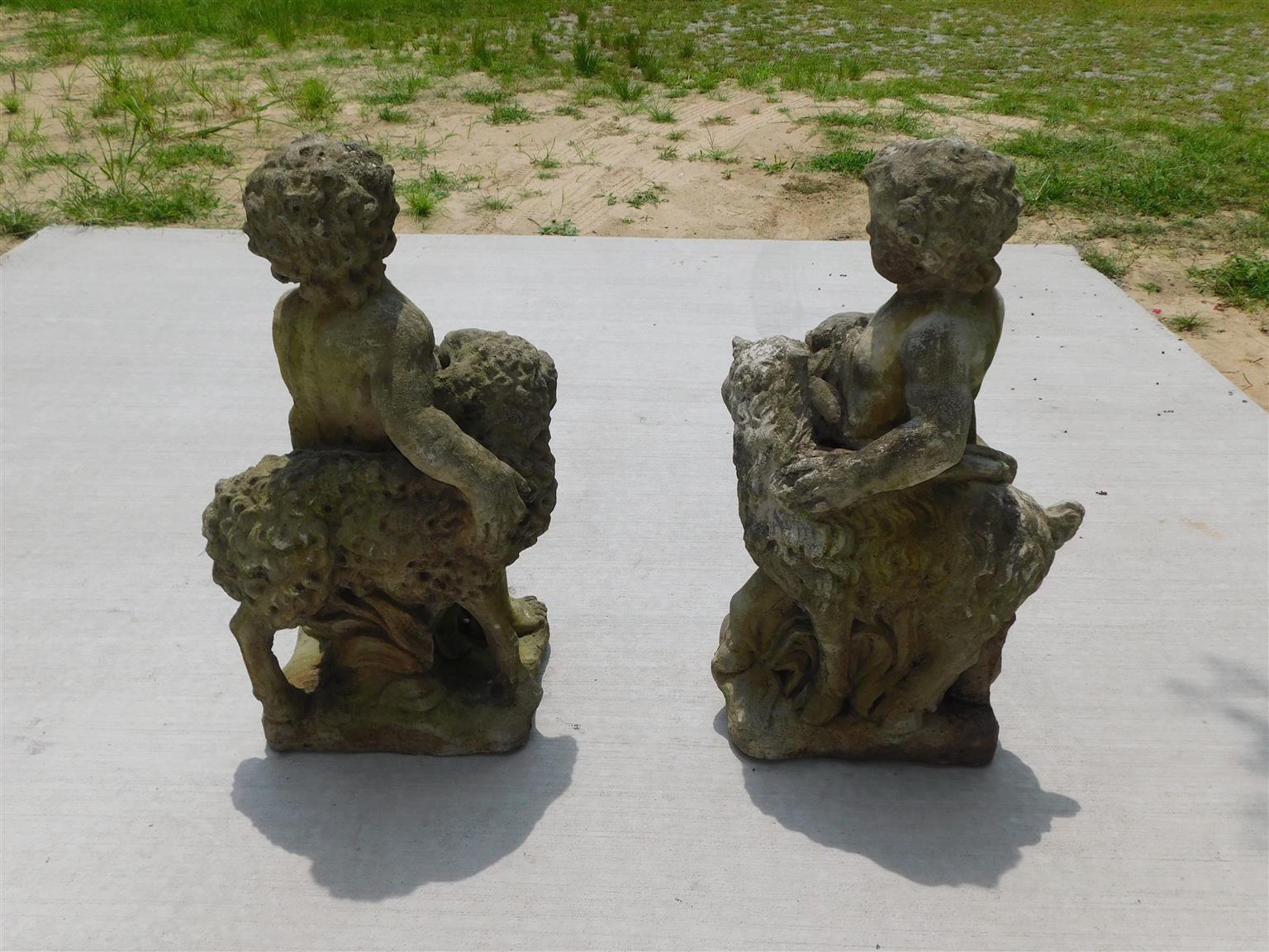 Pair of American Cast Stone Figural Boy & Girl Holding Lambs on Plinths, C. 1880 For Sale 5