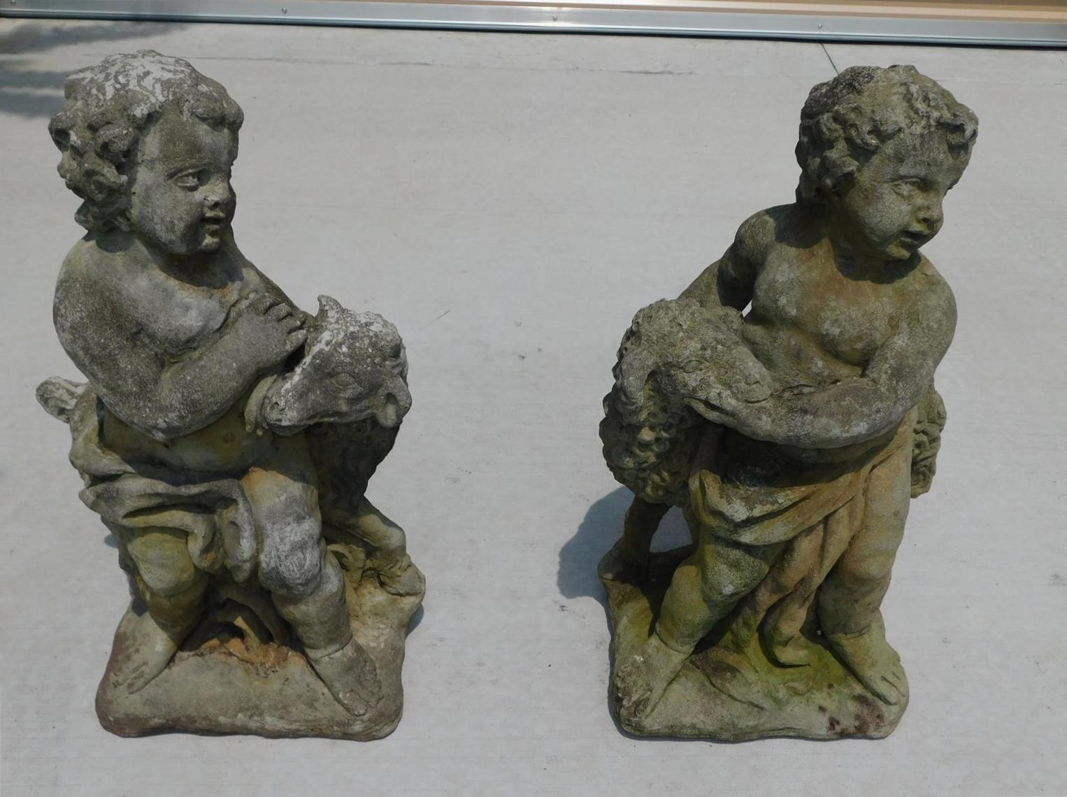 Hand-Crafted Pair of American Cast Stone Figural Boy & Girl Holding Lambs on Plinths, C. 1880 For Sale