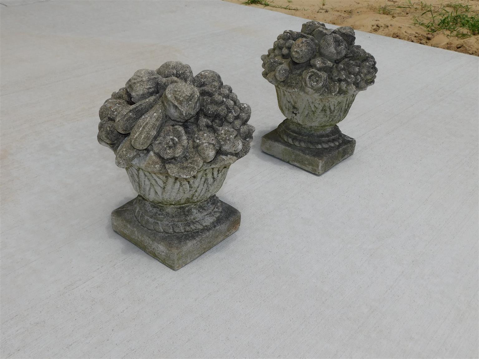 American Empire Pair of American Cast Stone Flower & Fruit Baskets on Squared Plinths, C. 1880 For Sale