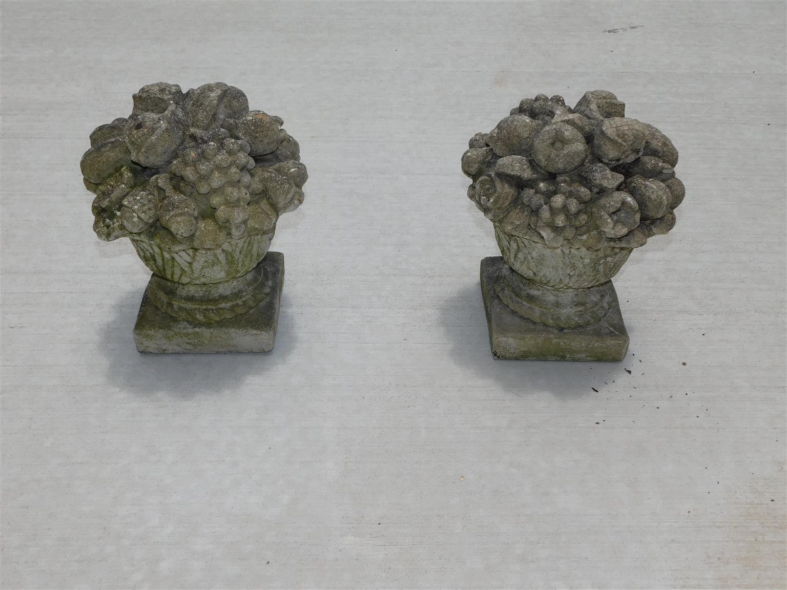 Hand-Crafted Pair of American Cast Stone Flower & Fruit Baskets on Squared Plinths, C. 1880 For Sale