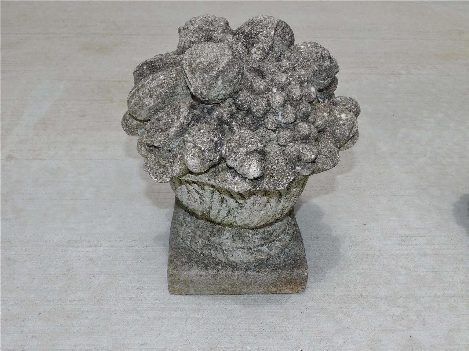 Pair of American Cast Stone Flower & Fruit Baskets on Squared Plinths, C. 1880 In Excellent Condition For Sale In Hollywood, SC