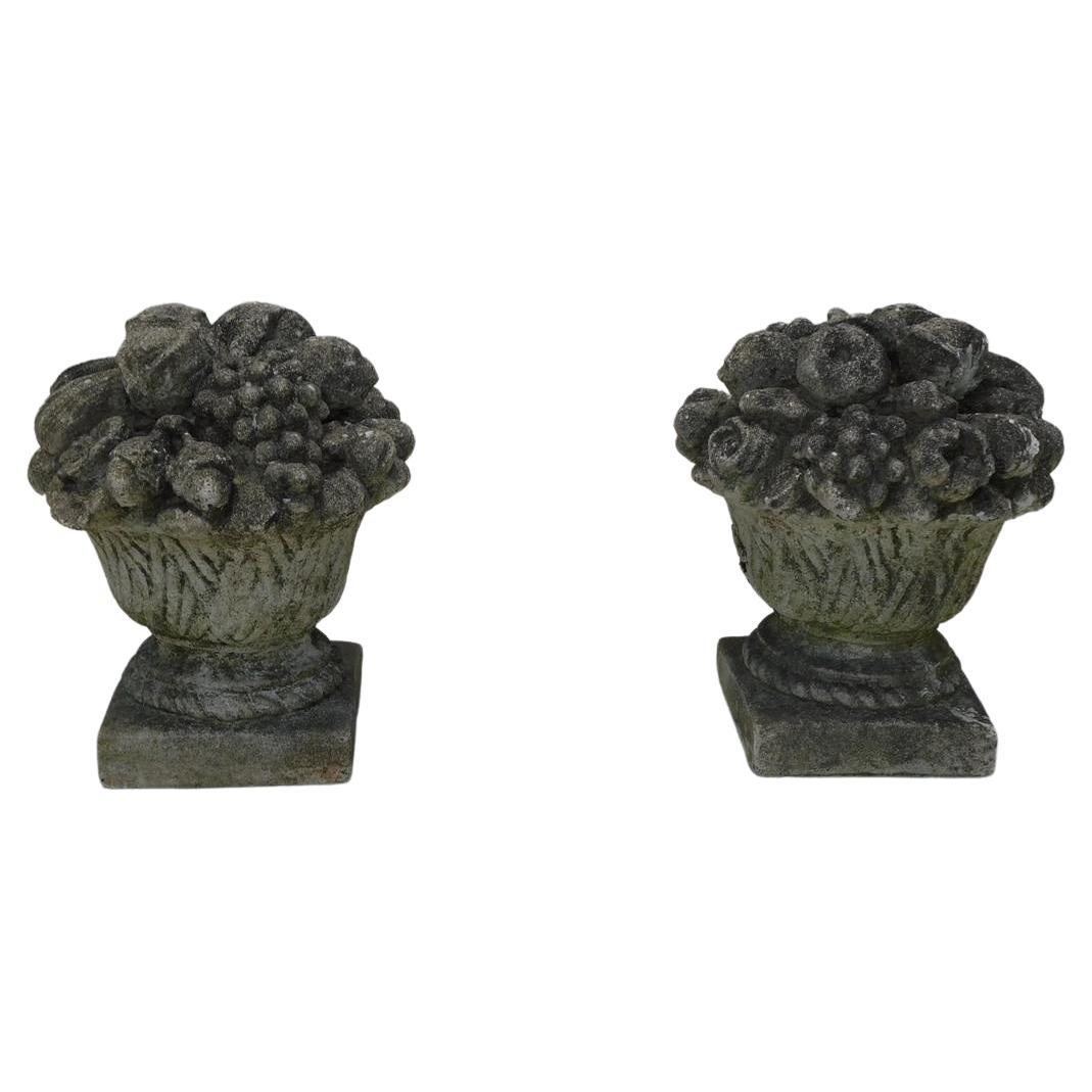 Pair of American Cast Stone Flower & Fruit Baskets on Squared Plinths, C. 1880 For Sale