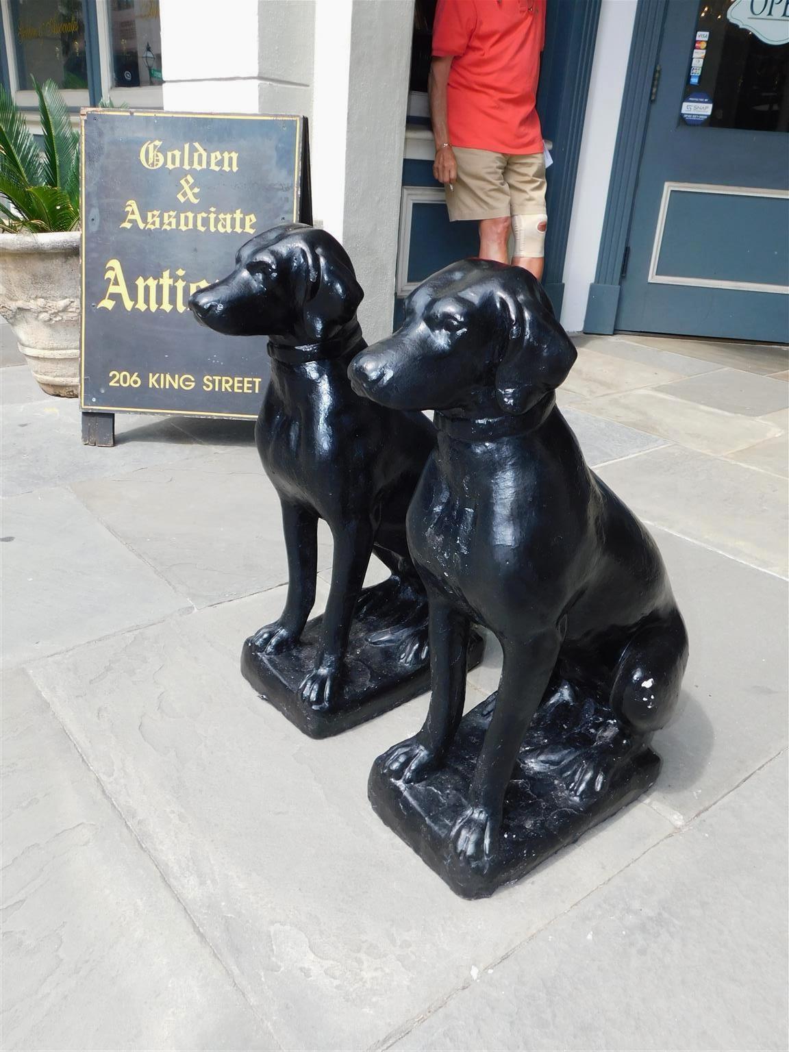 American Empire Pair of American Cast Stone & Painted Labrador Sitting Dogs, Early 20th Century For Sale