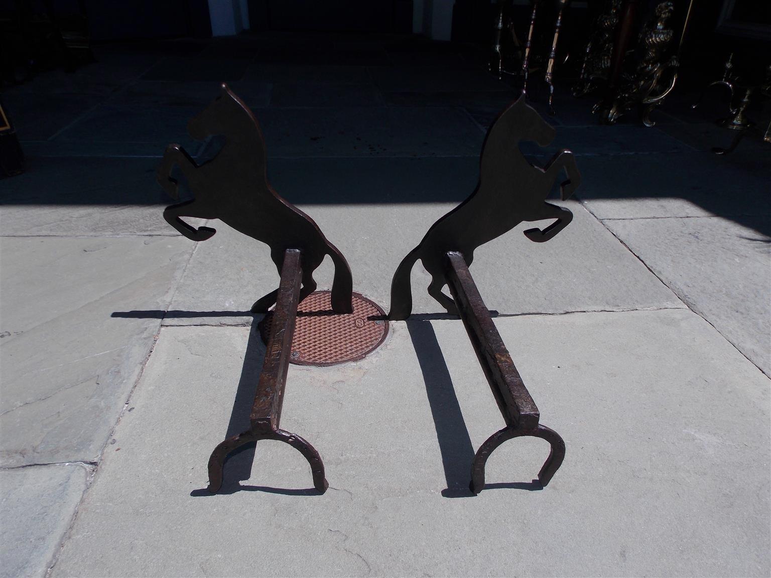 American Empire Pair of American Cast & Wrought Iron Horse Andirons with Horseshoe Legs, C. 1850 For Sale