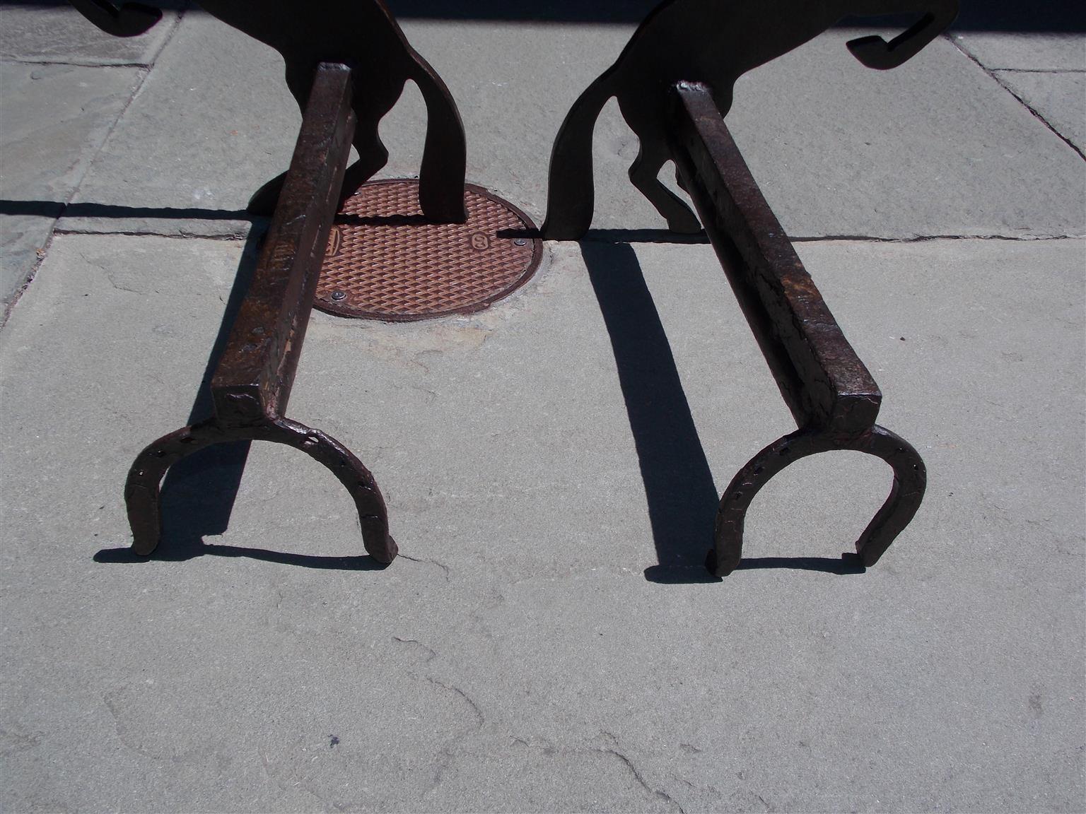 Pair of American Cast & Wrought Iron Horse Andirons with Horseshoe Legs, C. 1850 In Excellent Condition For Sale In Hollywood, SC