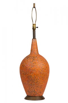 Pair of American Ceramic Orange Lava Glazed Table Lamps on Wood Bases