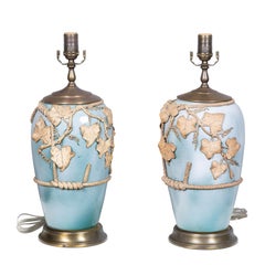 Pair of American circa 1940 Glazed Pottery Lamps with Applied Ivy Decoration