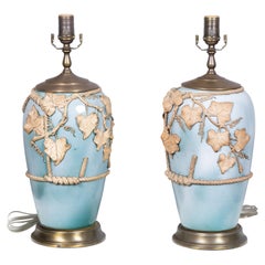Pair of American circa 1940 Glazed Pottery Lamps with Applied Ivy Decoration