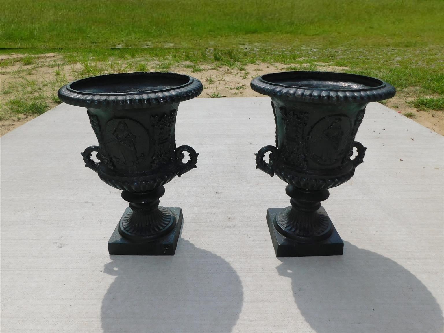 Pair of American Classical Figural & Foliage Campana Form Garden Urns Circa 1850 For Sale 4