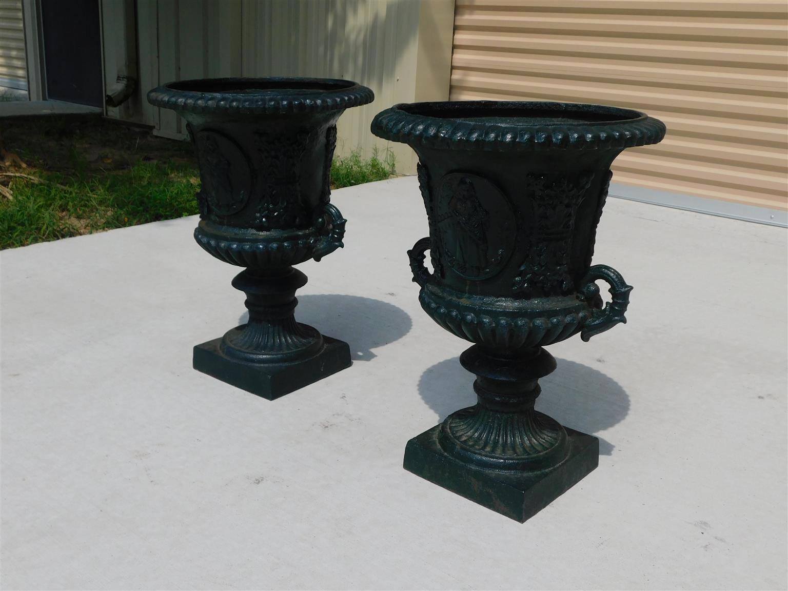 American Empire Pair of American Classical Figural & Foliage Campana Form Garden Urns Circa 1850 For Sale