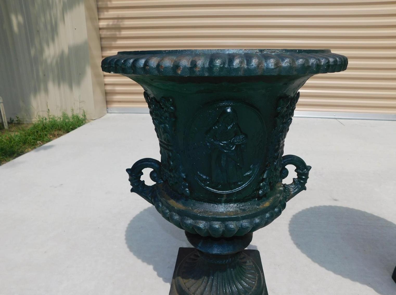 Cast Pair of American Classical Figural & Foliage Campana Form Garden Urns Circa 1850 For Sale
