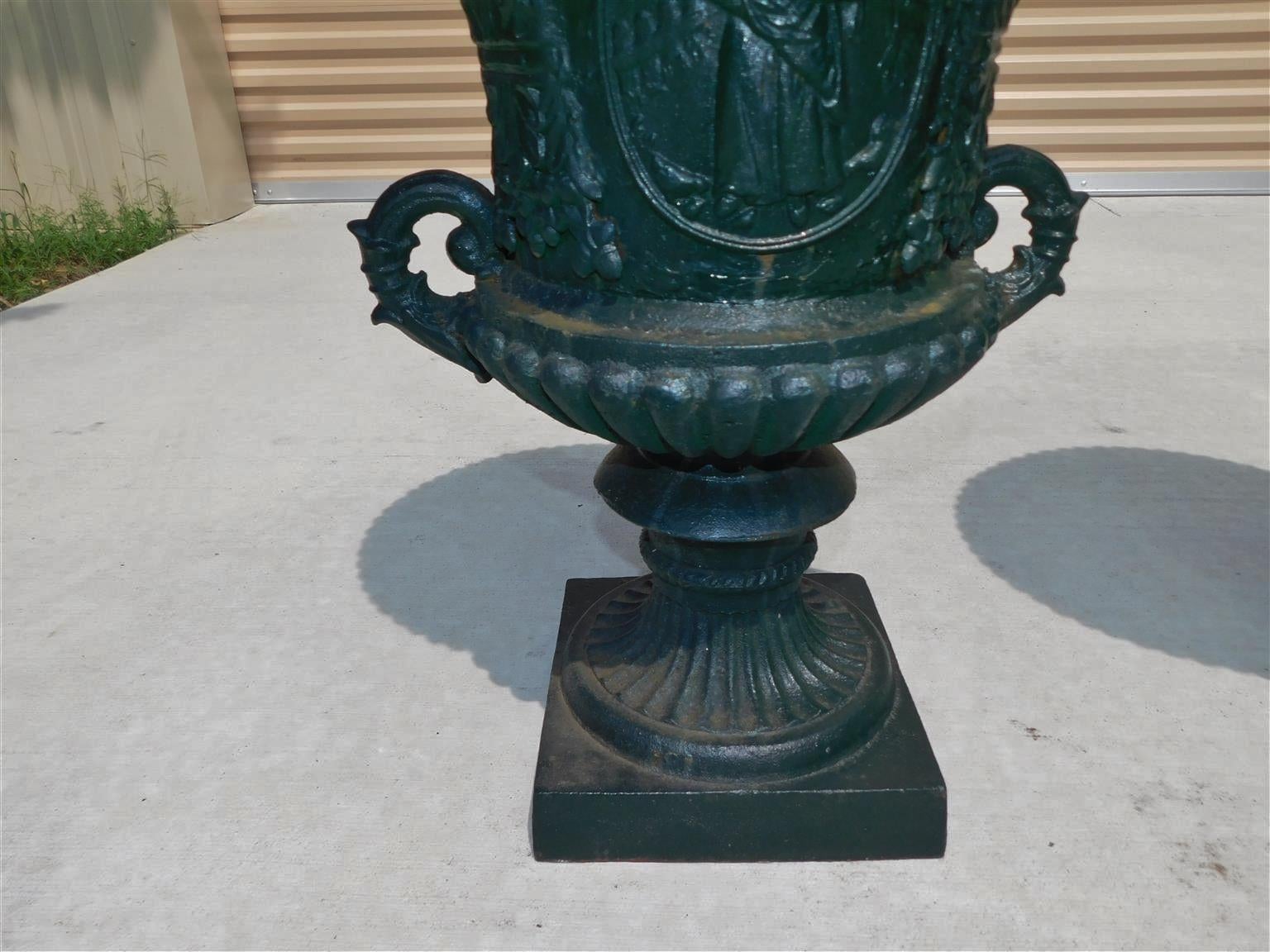 Pair of American Classical Figural & Foliage Campana Form Garden Urns Circa 1850 In Excellent Condition For Sale In Hollywood, SC