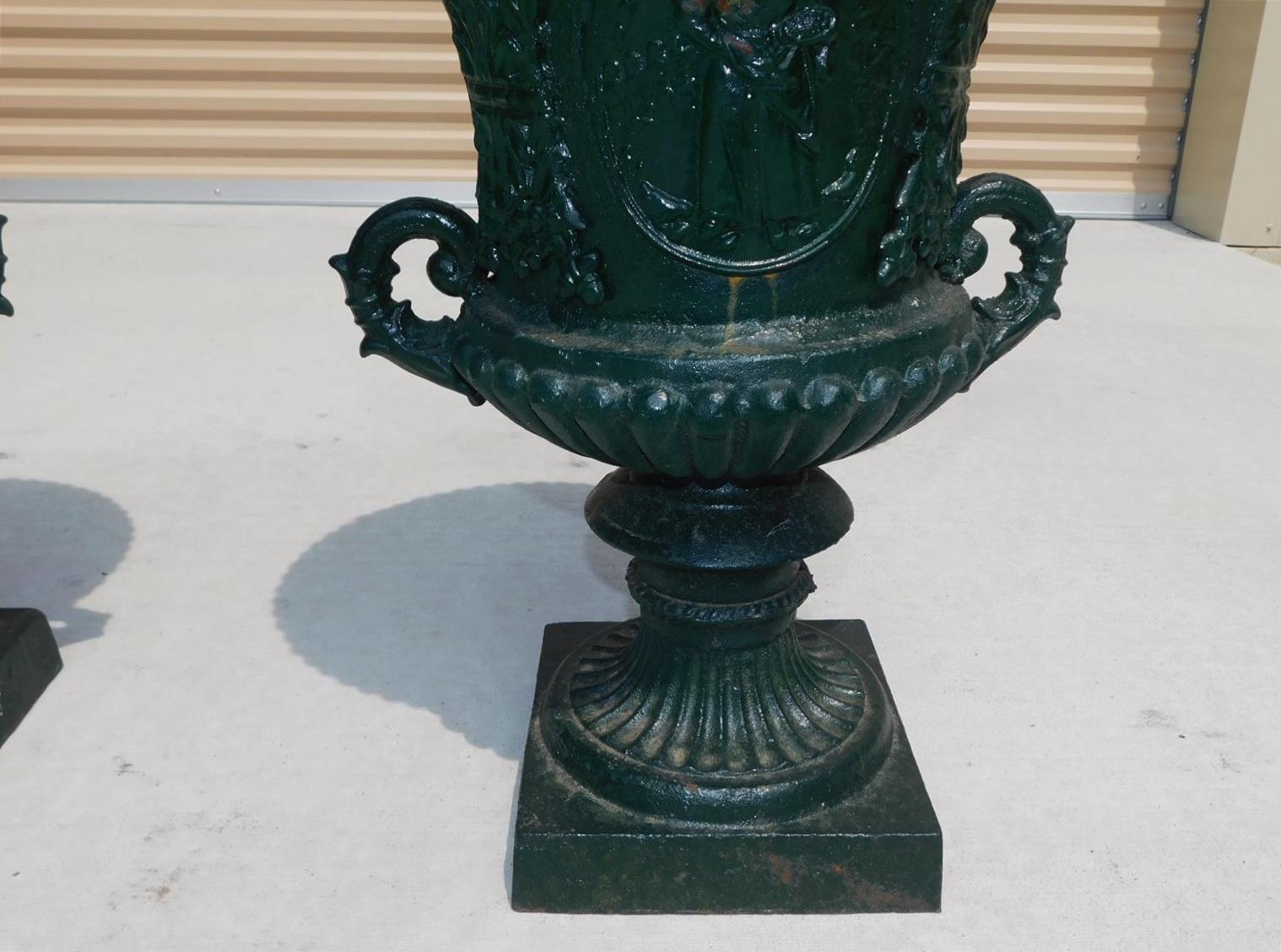 Iron Pair of American Classical Figural & Foliage Campana Form Garden Urns Circa 1850 For Sale