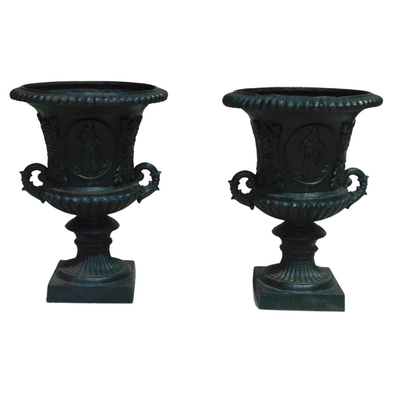 Pair of American Classical Figural & Foliage Campana Form Garden Urns Circa 1850 For Sale