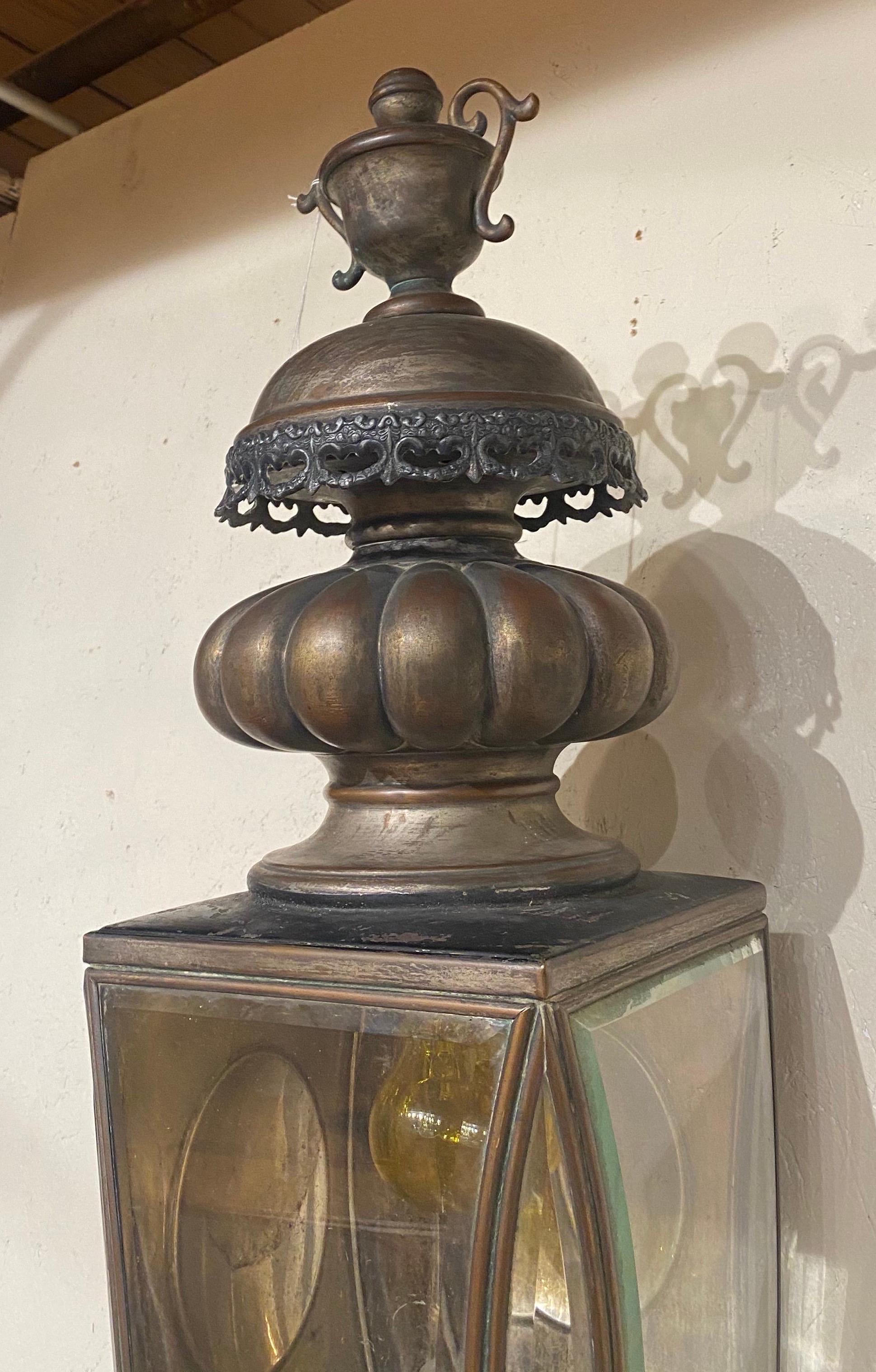 Bronze Pair of American Coach Lanterns with Urn Finials For Sale
